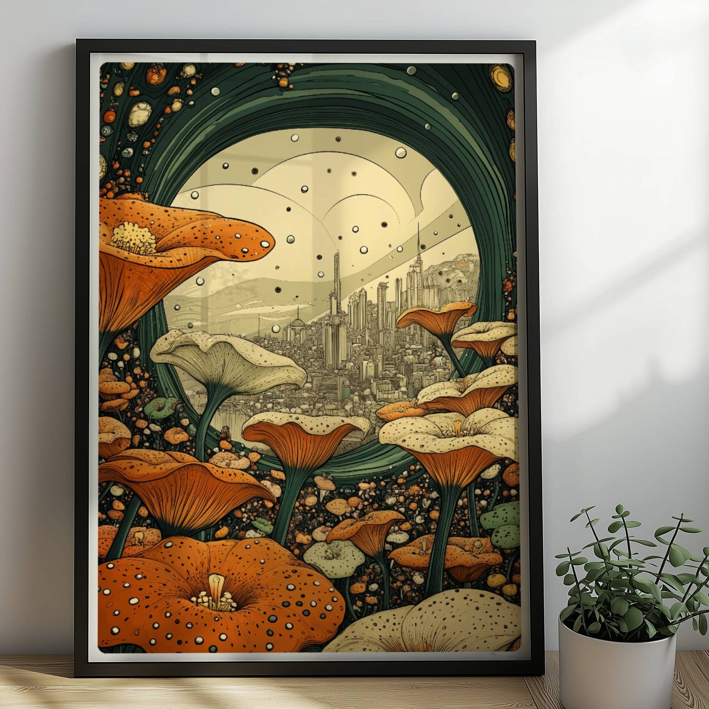 Fantasievolle Stadtansicht durch ein grünes Portal, umgeben von großen orange-weißen Blumen und stilisierten Pflanzen.. Rahmen schwarz 50x70