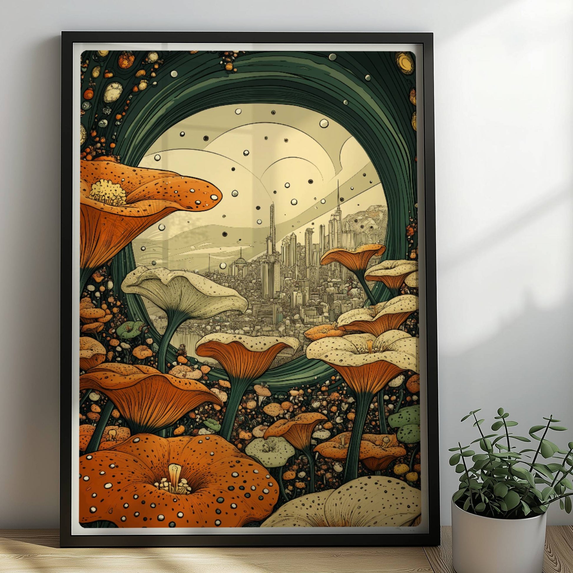 Fantasievolle Stadtansicht durch ein grünes Portal, umgeben von großen orange-weißen Blumen und stilisierten Pflanzen.. Rahmen schwarz 50x70