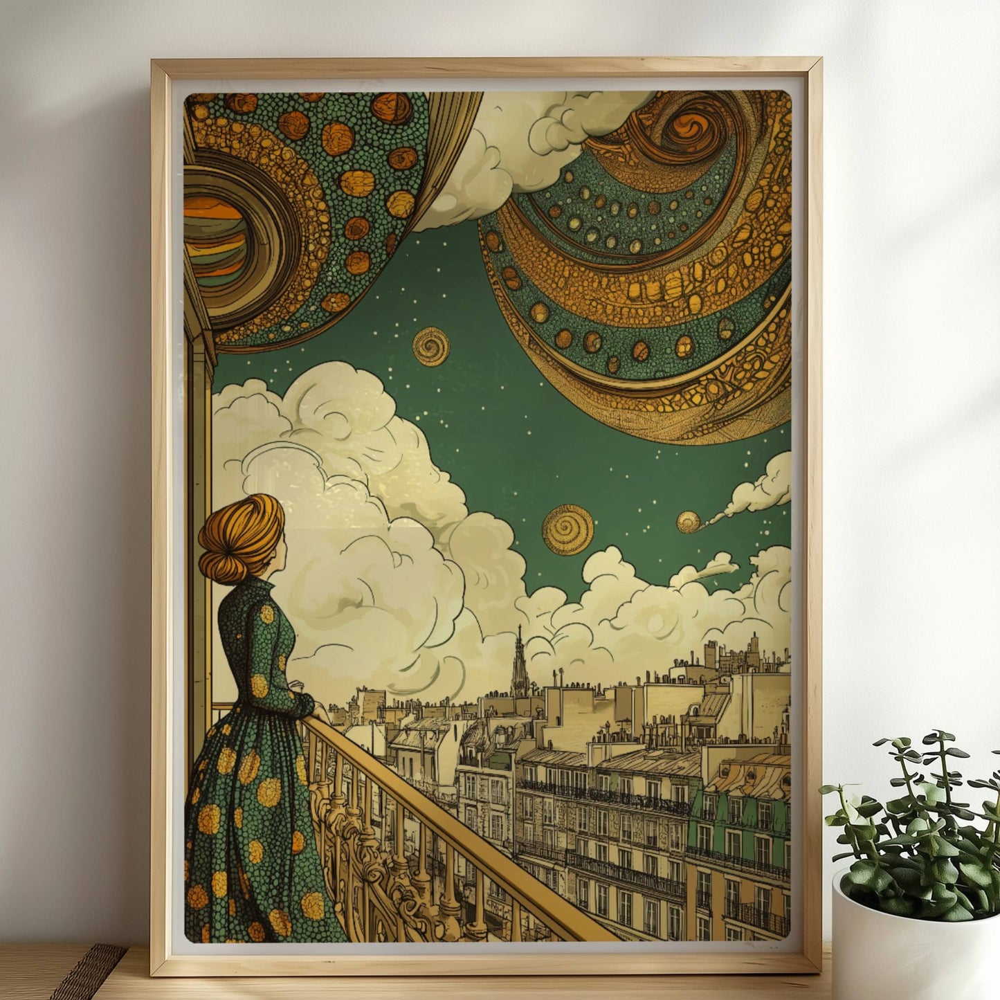 Frau in geblümtem Kleid steht auf einem Balkon und blickt über Pariser Dächer in einen fantasievollen Himmel mit großen, goldenen, spiralförmigen Planeten.. Rahmen natur 50x70