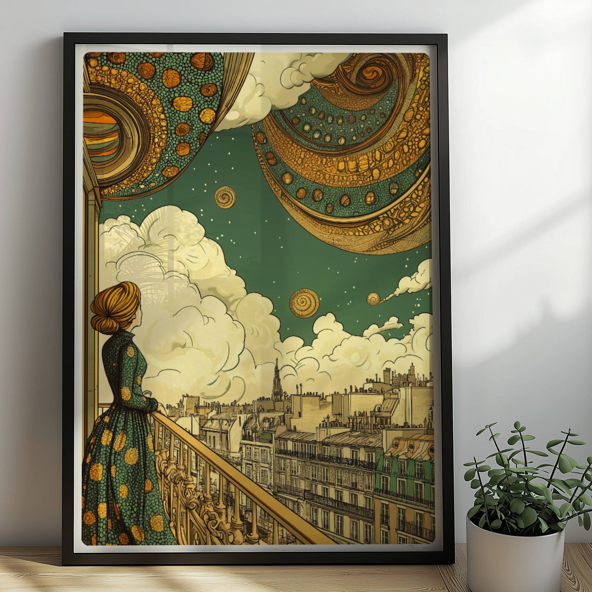 Frau in geblümtem Kleid steht auf einem Balkon und blickt über Pariser Dächer in einen fantasievollen Himmel mit großen, goldenen, spiralförmigen Planeten.. Rahmen schwarz 50x70