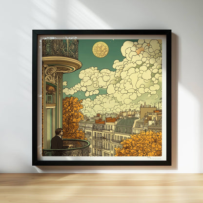 Mann mit Brille steht auf einem kunstvoll verzierten Balkon und blickt über herbstliche Dächer einer europäischen Stadt, große Wolken und ein goldener Mond am Himmel.. Rahmen schwarz 30x30