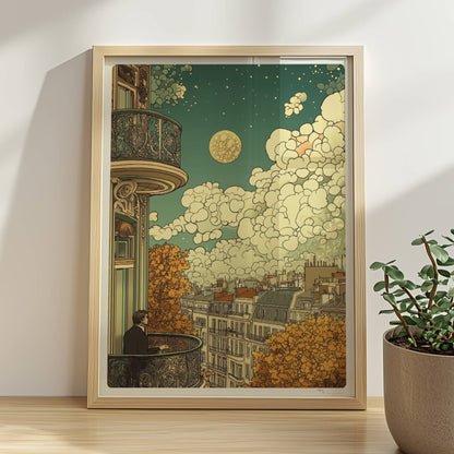 Mann mit Brille steht auf einem kunstvoll verzierten Balkon und blickt über herbstliche Dächer einer europäischen Stadt, große Wolken und ein goldener Mond am Himmel.. Rahmen natur 30x40