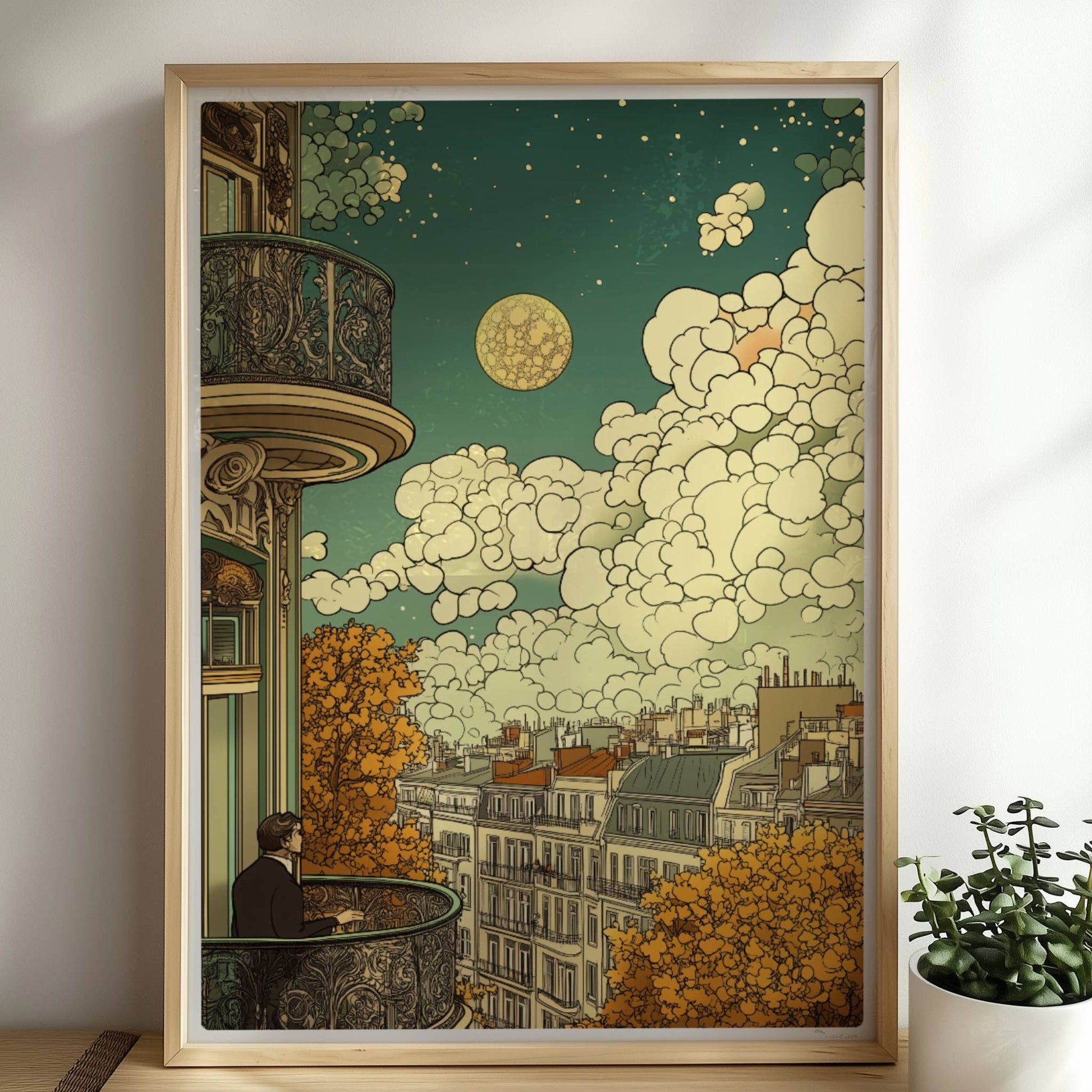 Mann mit Brille steht auf einem kunstvoll verzierten Balkon und blickt über herbstliche Dächer einer europäischen Stadt, große Wolken und ein goldener Mond am Himmel.. Rahmen natur 50x70