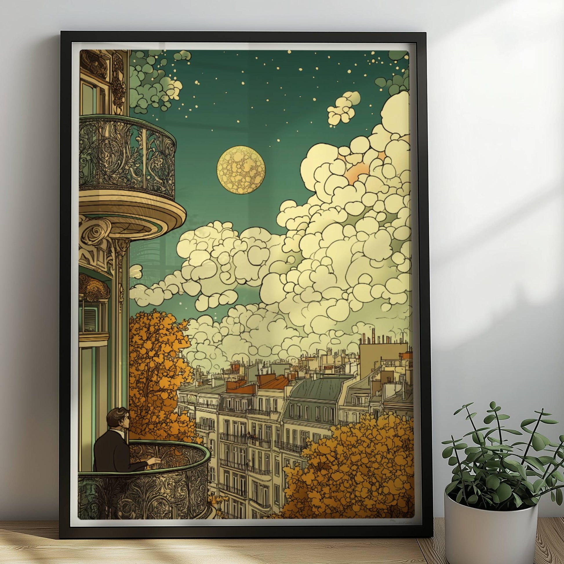Mann mit Brille steht auf einem kunstvoll verzierten Balkon und blickt über herbstliche Dächer einer europäischen Stadt, große Wolken und ein goldener Mond am Himmel.. Rahmen schwarz 50x70