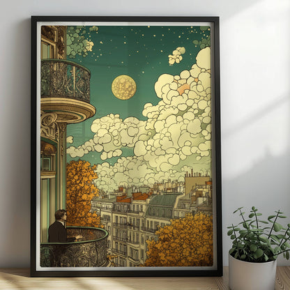 Mann mit Brille steht auf einem kunstvoll verzierten Balkon und blickt über herbstliche Dächer einer europäischen Stadt, große Wolken und ein goldener Mond am Himmel.. Rahmen schwarz 50x70