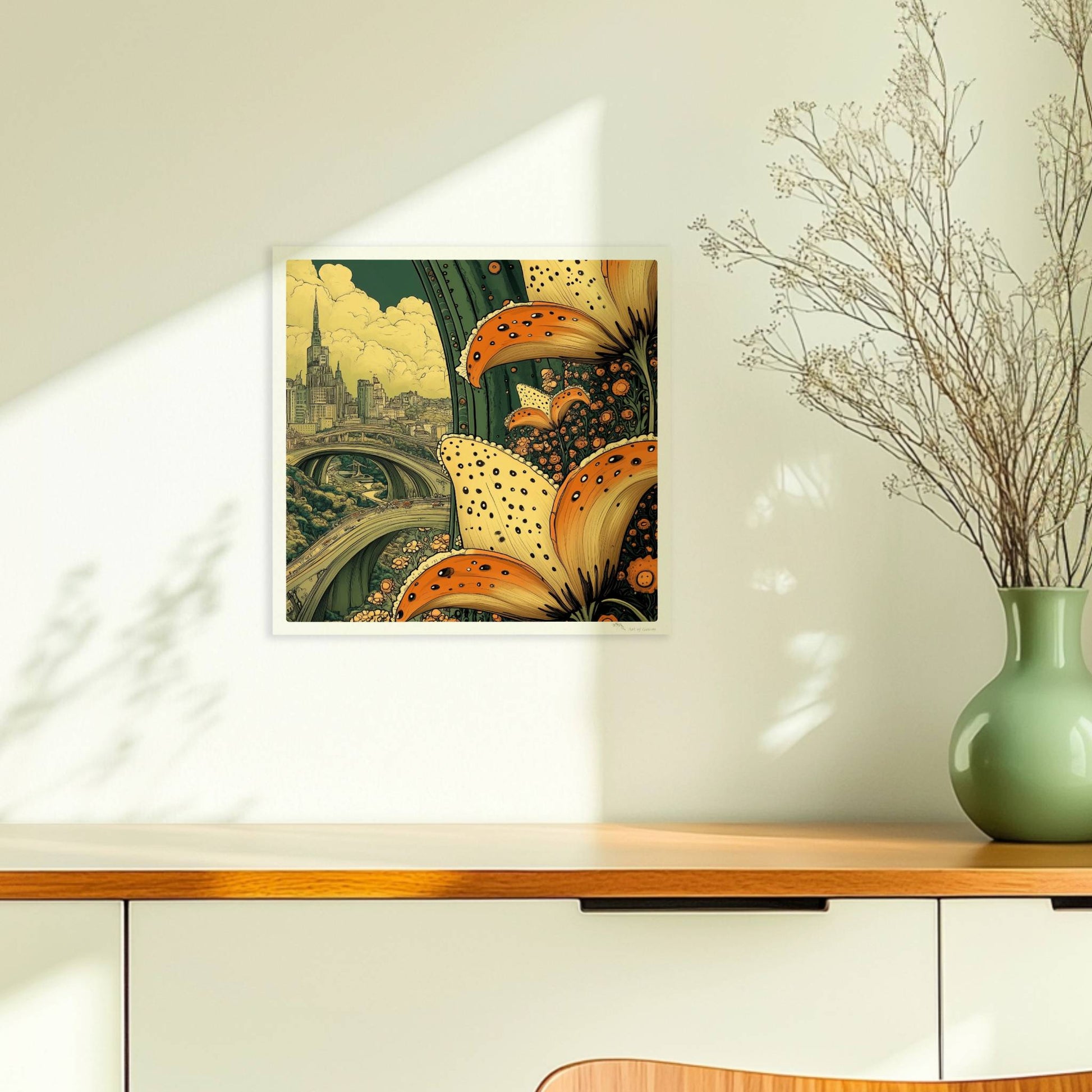 Riesige orange-gelbe Lilienblüten im Vordergrund rahmen eine fantasievolle Stadtansicht mit geschwungenen Brücken und historischer Skyline ein.. Ohne Rahmen 30x30