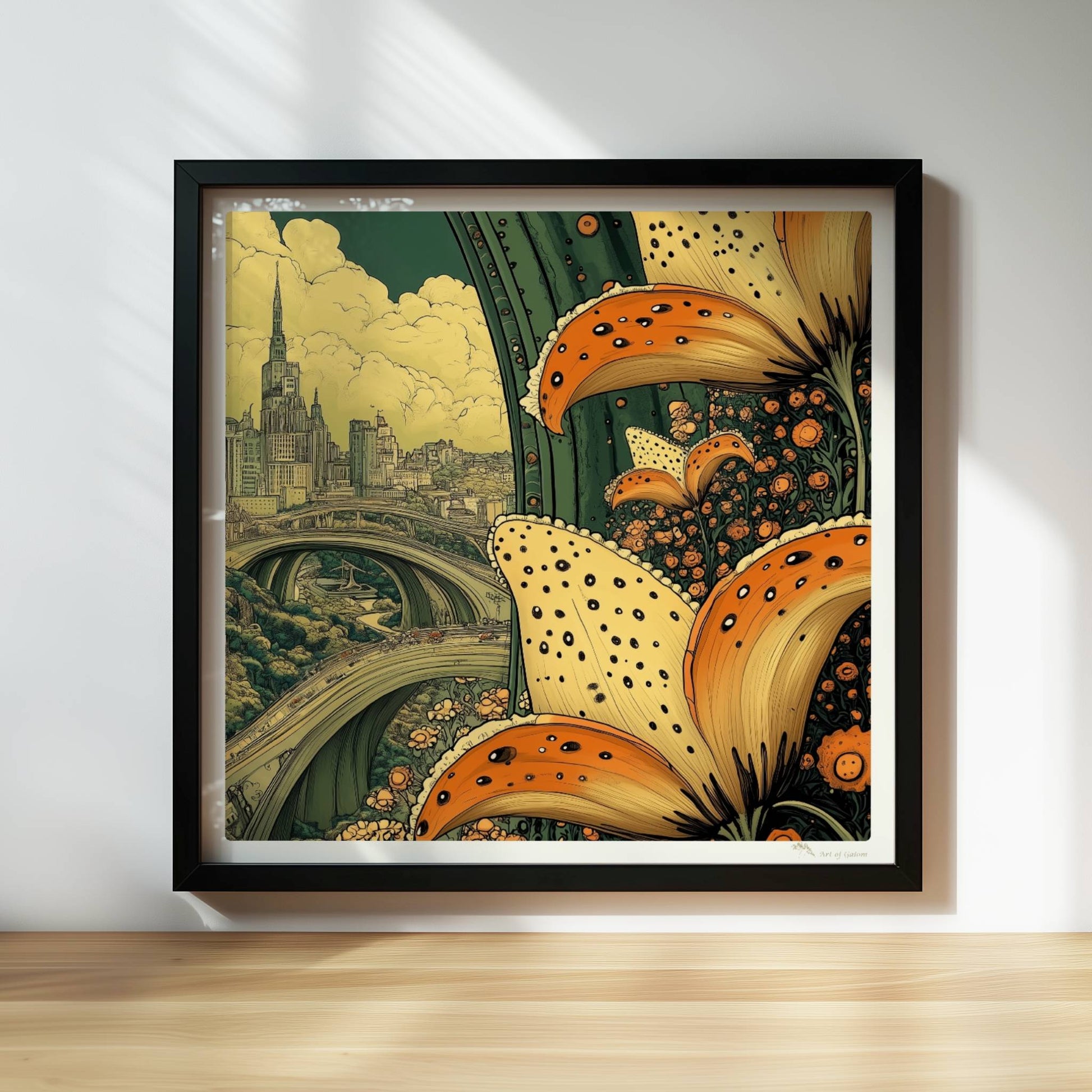Riesige orange-gelbe Lilienblüten im Vordergrund rahmen eine fantasievolle Stadtansicht mit geschwungenen Brücken und historischer Skyline ein.. Rahmen schwarz 30x30