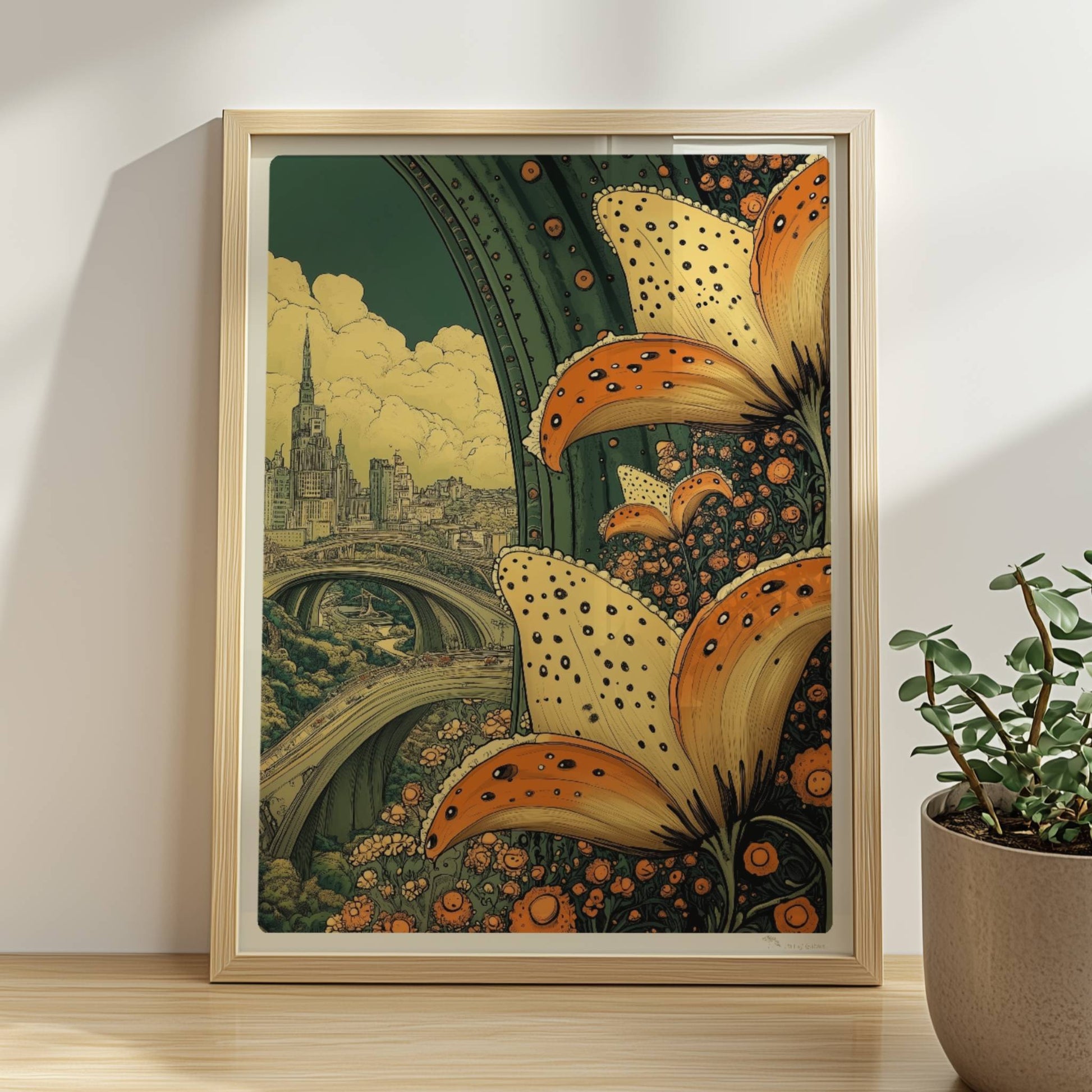 Riesige orange-gelbe Lilienblüten im Vordergrund rahmen eine fantasievolle Stadtansicht mit geschwungenen Brücken und historischer Skyline ein.. Rahmen natur 30x40