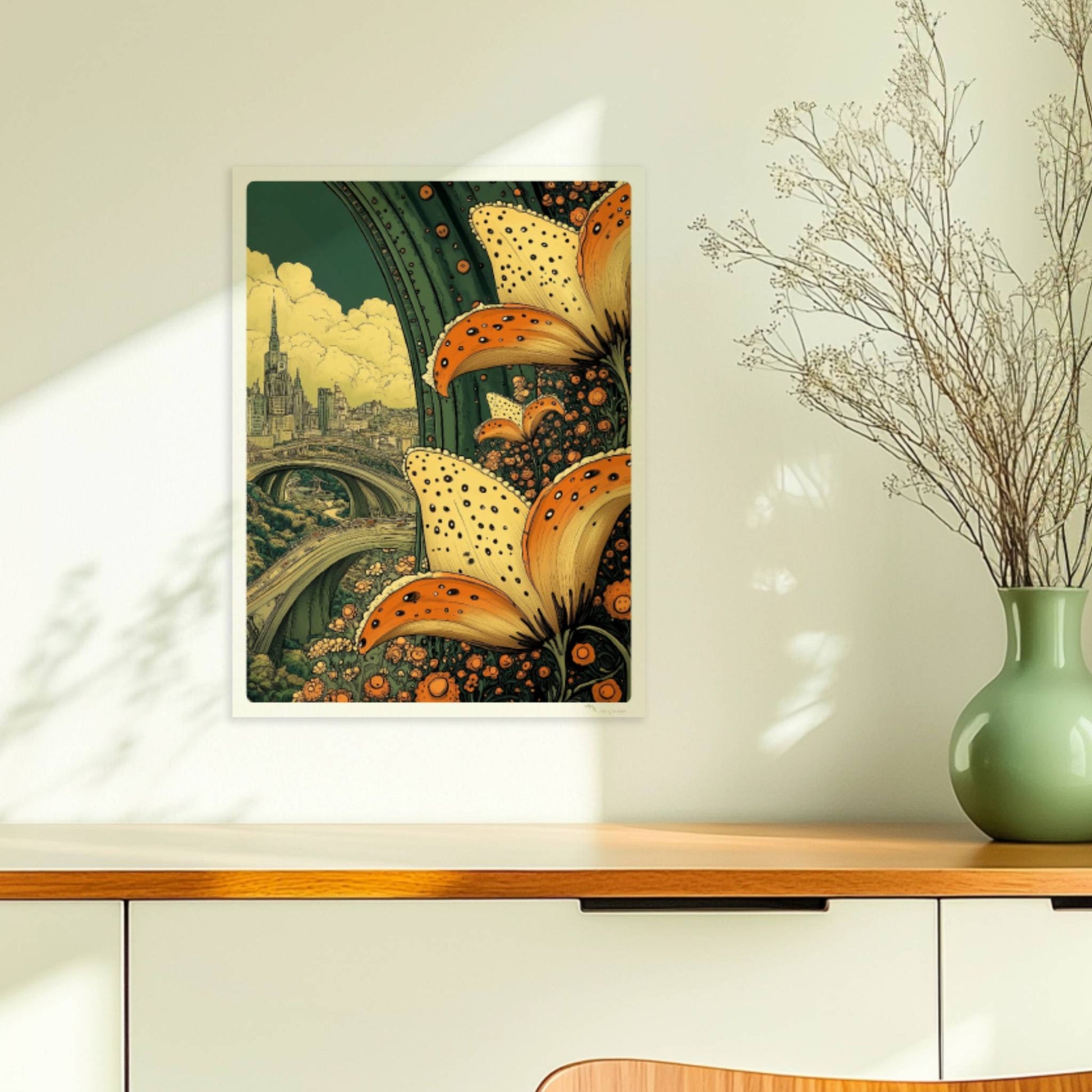 Riesige orange-gelbe Lilienblüten im Vordergrund rahmen eine fantasievolle Stadtansicht mit geschwungenen Brücken und historischer Skyline ein.. Ohne Rahmen 30x40