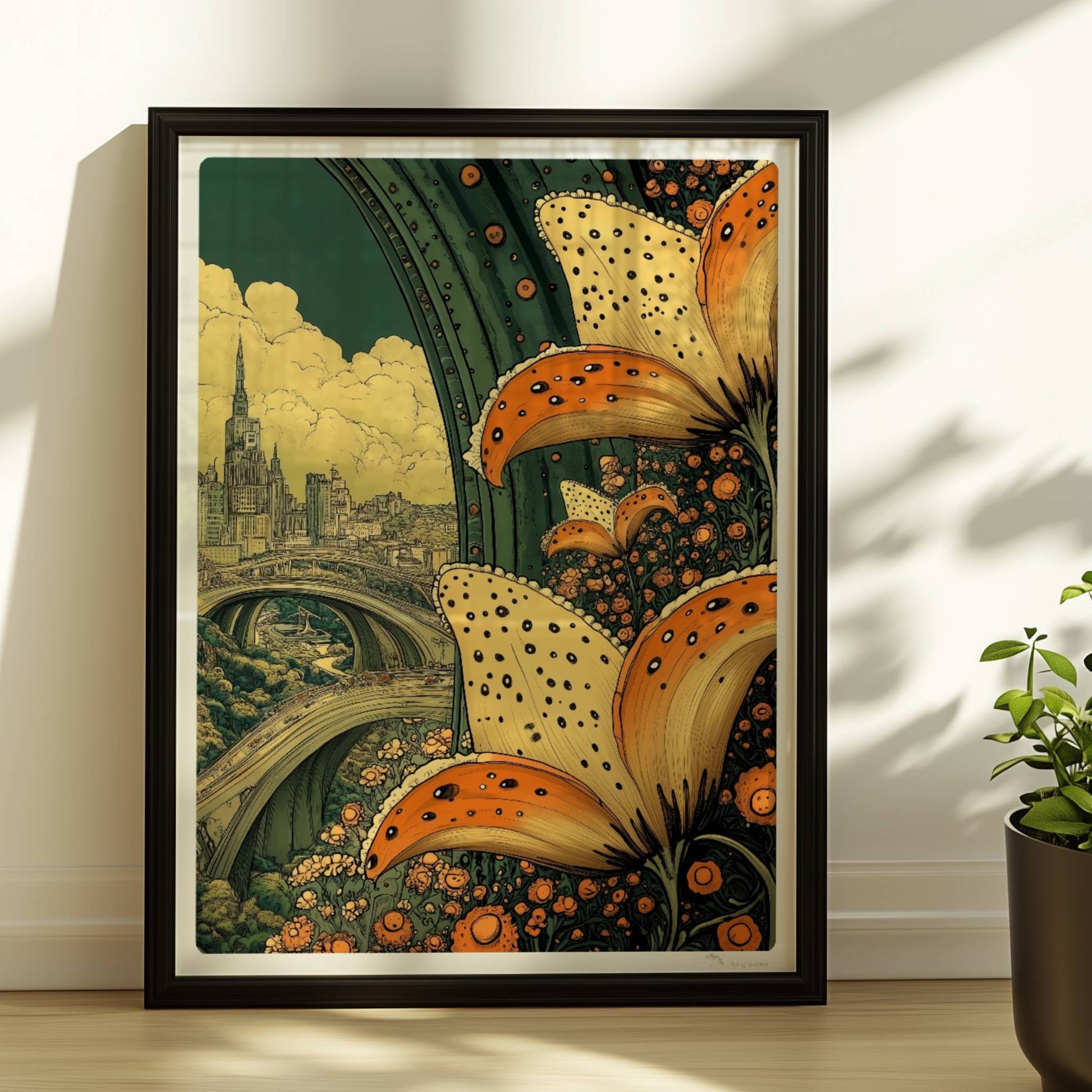 Riesige orange-gelbe Lilienblüten im Vordergrund rahmen eine fantasievolle Stadtansicht mit geschwungenen Brücken und historischer Skyline ein.. Rahmen schwarz 30x40