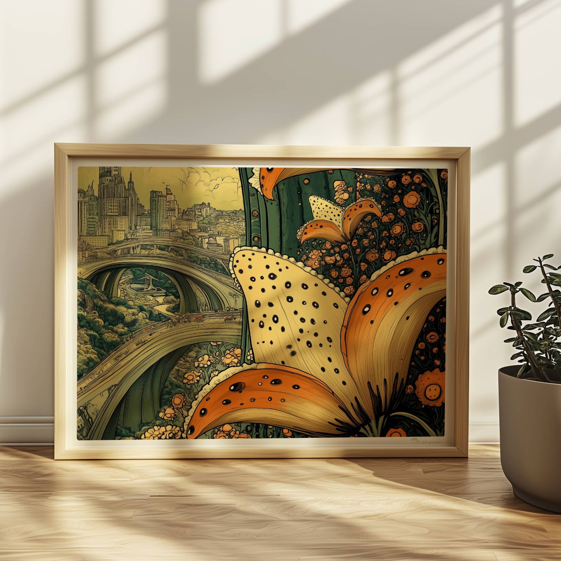 Riesige orange-gelbe Lilienblüten im Vordergrund rahmen eine fantasievolle Stadtansicht mit geschwungenen Brücken und historischer Skyline ein.. Rahmen natur 40x30
