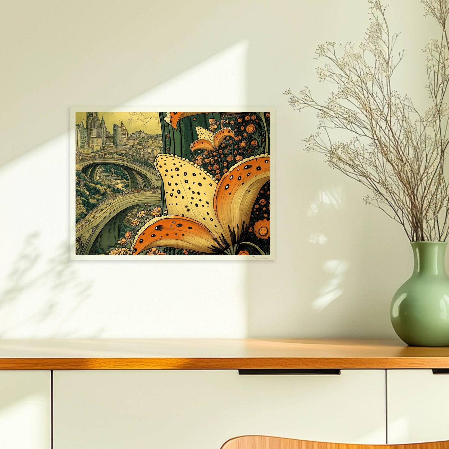 Riesige orange-gelbe Lilienblüten im Vordergrund rahmen eine fantasievolle Stadtansicht mit geschwungenen Brücken und historischer Skyline ein.. Ohne Rahmen 40x30