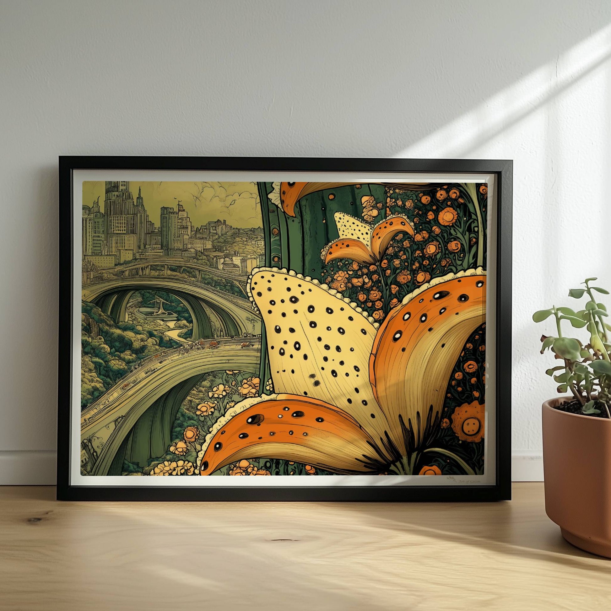 Riesige orange-gelbe Lilienblüten im Vordergrund rahmen eine fantasievolle Stadtansicht mit geschwungenen Brücken und historischer Skyline ein.. Rahmen schwarz 40x30