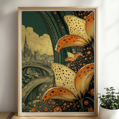 Riesige orange-gelbe Lilienblüten im Vordergrund rahmen eine fantasievolle Stadtansicht mit geschwungenen Brücken und historischer Skyline ein.. Rahmen natur 50x70