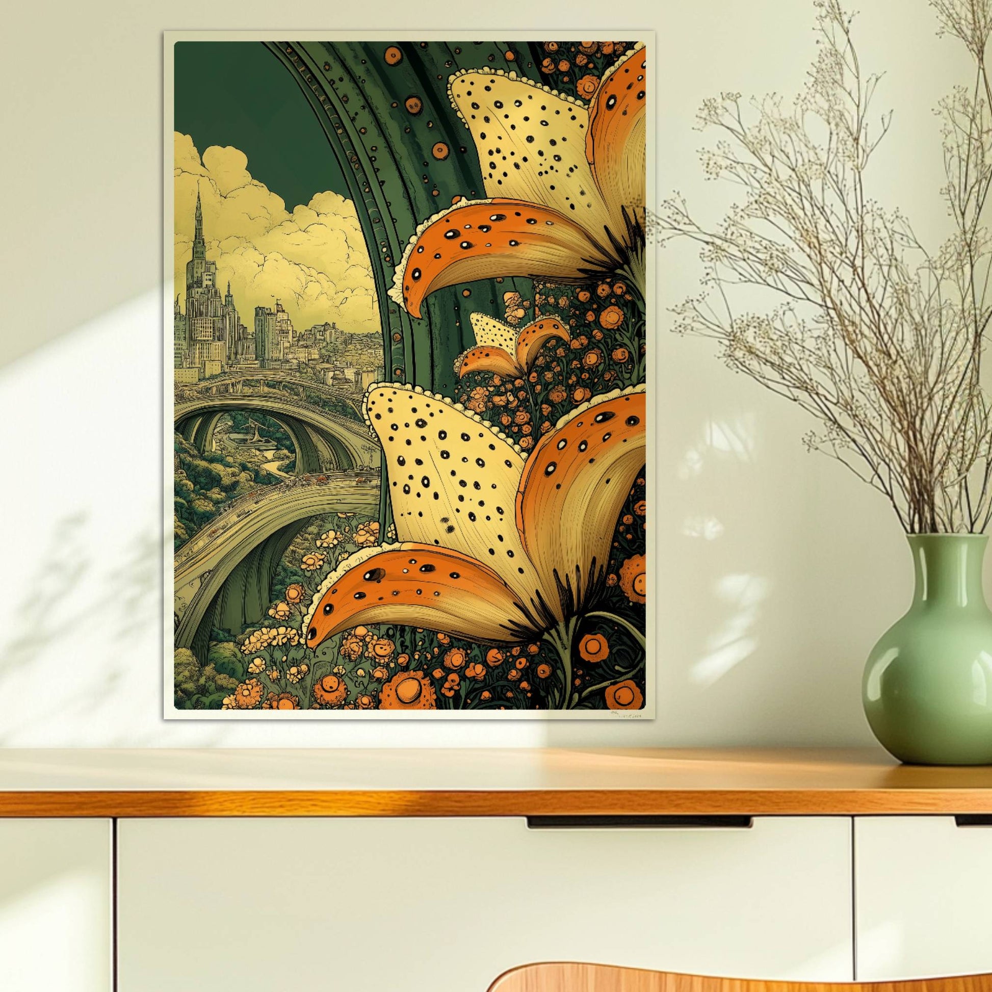 Riesige orange-gelbe Lilienblüten im Vordergrund rahmen eine fantasievolle Stadtansicht mit geschwungenen Brücken und historischer Skyline ein.. Ohne Rahmen 50x70
