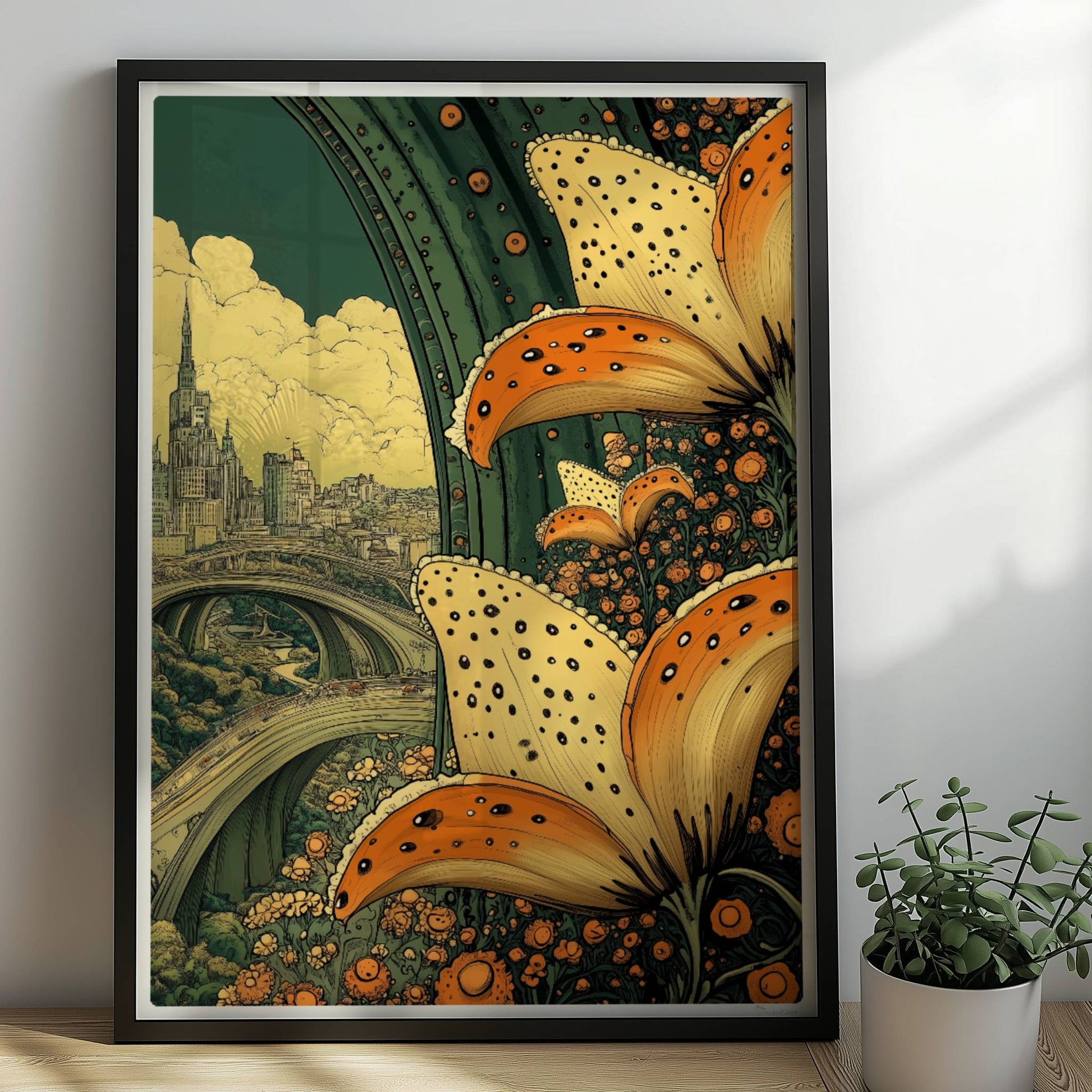 Riesige orange-gelbe Lilienblüten im Vordergrund rahmen eine fantasievolle Stadtansicht mit geschwungenen Brücken und historischer Skyline ein.. Rahmen schwarz 50x70