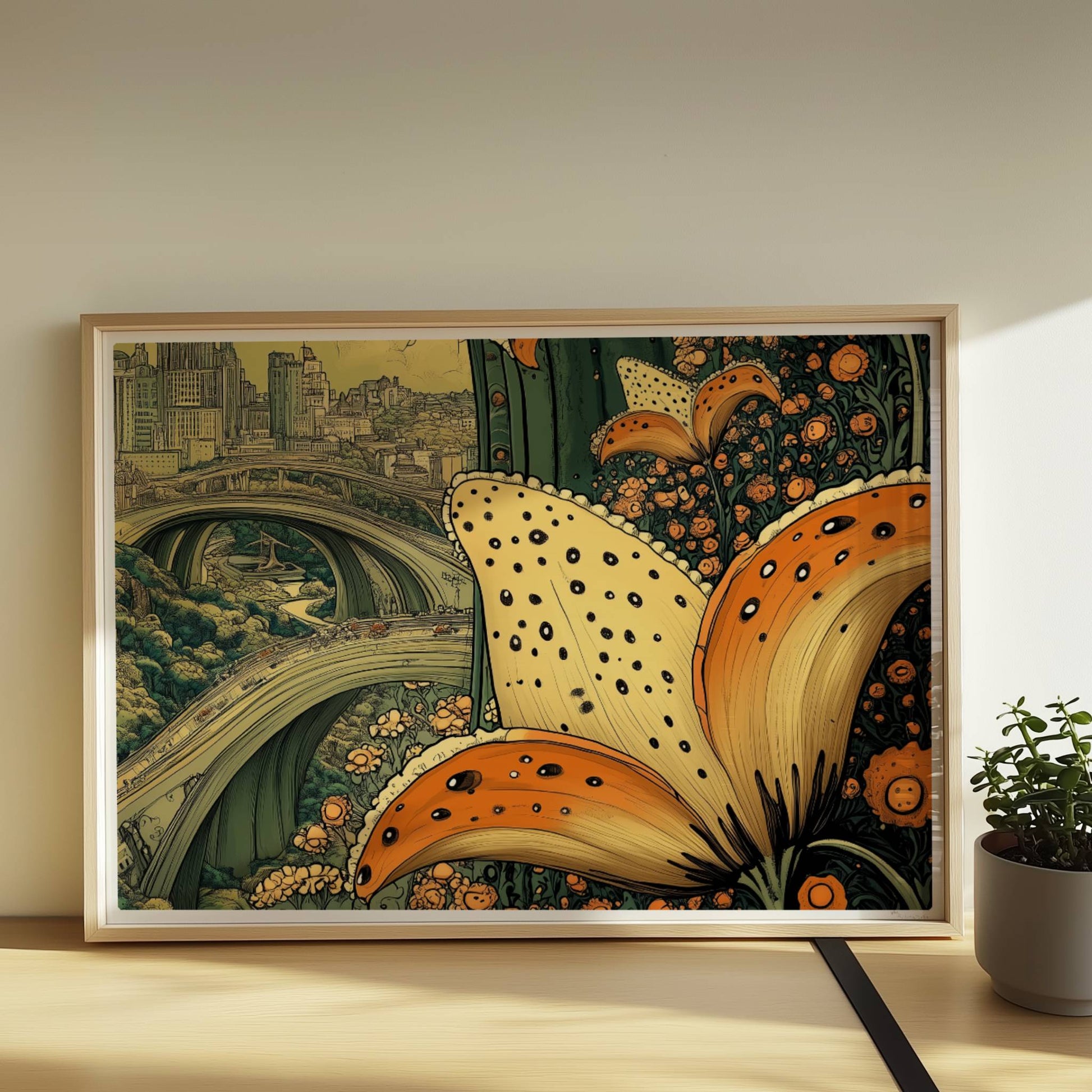 Riesige orange-gelbe Lilienblüten im Vordergrund rahmen eine fantasievolle Stadtansicht mit geschwungenen Brücken und historischer Skyline ein.. Rahmen natur 70x50