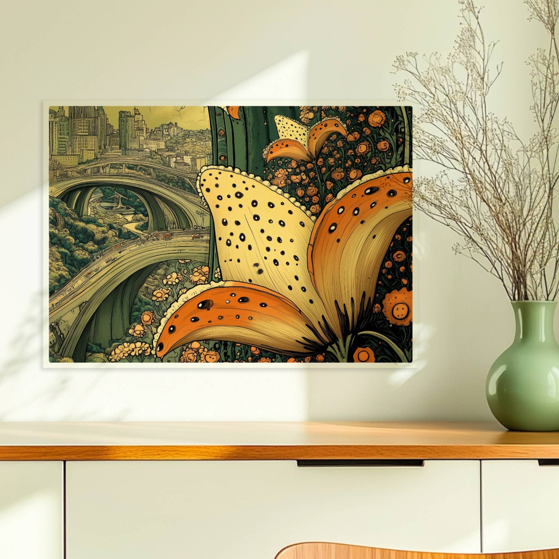 Riesige orange-gelbe Lilienblüten im Vordergrund rahmen eine fantasievolle Stadtansicht mit geschwungenen Brücken und historischer Skyline ein.. Ohne Rahmen 70x50