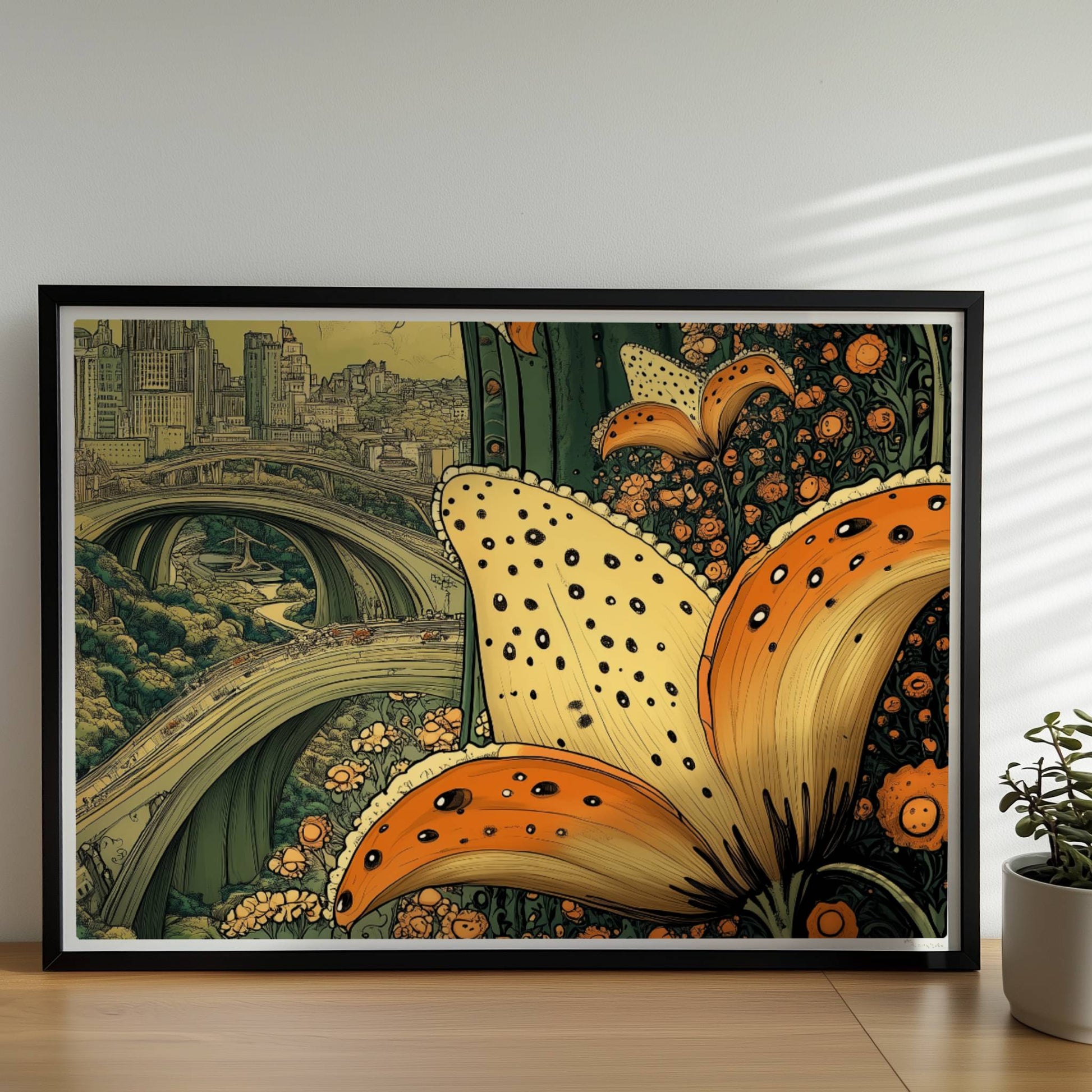 Riesige orange-gelbe Lilienblüten im Vordergrund rahmen eine fantasievolle Stadtansicht mit geschwungenen Brücken und historischer Skyline ein.. Rahmen schwarz 70x50