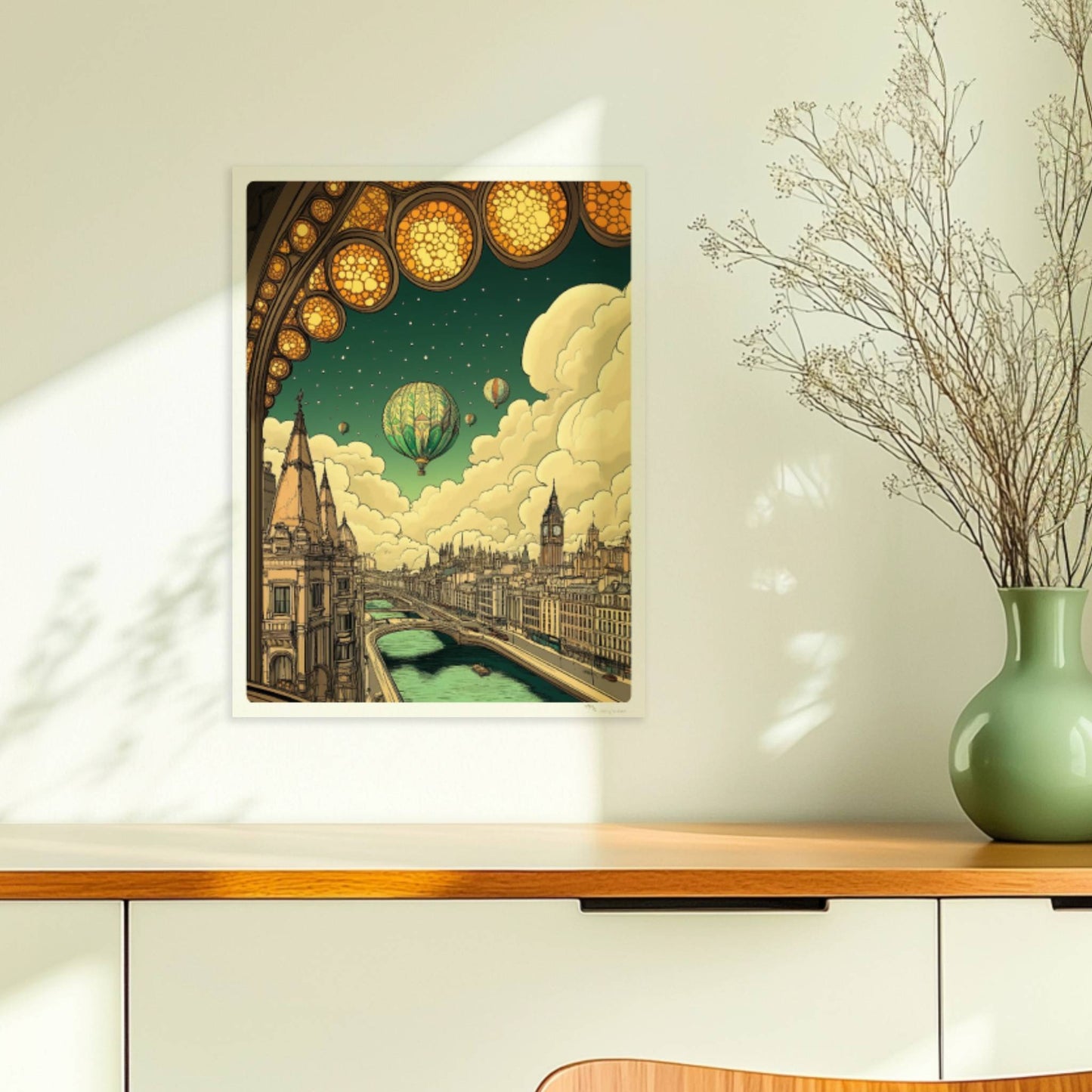Fantastische europäische Skyline mit Fluss, Heißluftballons am Himmel und kunstvollem Bogenfenster im Vordergrund, inspiriert von klassischen Stadtansichten.. Ohne Rahmen 30x40