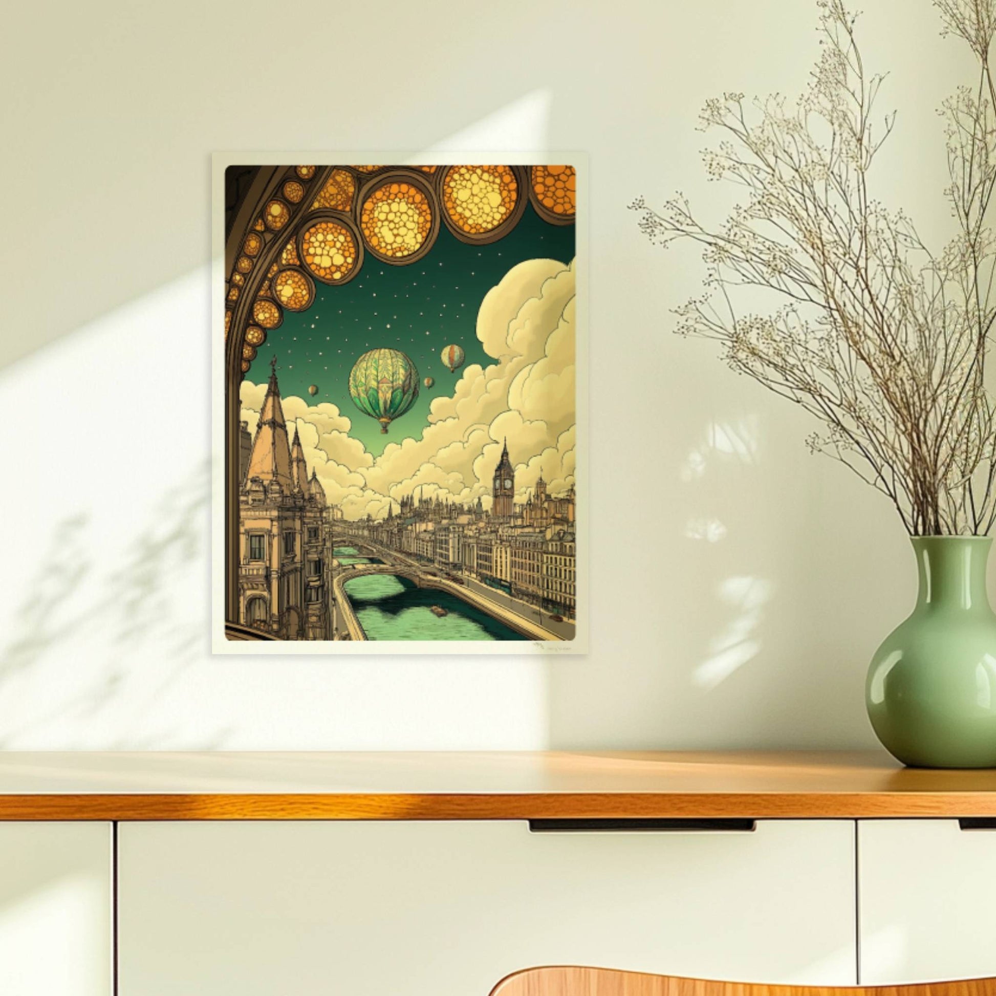 Fantastische europäische Skyline mit Fluss, Heißluftballons am Himmel und kunstvollem Bogenfenster im Vordergrund, inspiriert von klassischen Stadtansichten.. Ohne Rahmen 30x40