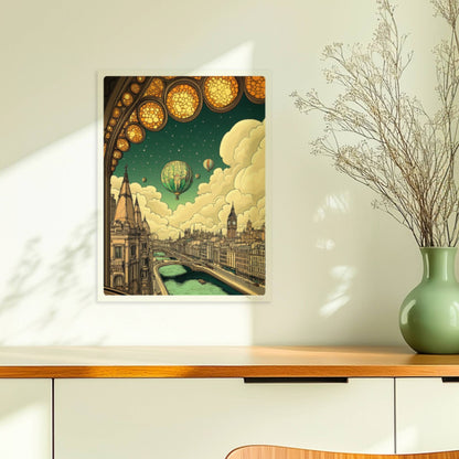 Fantastische europäische Skyline mit Fluss, Heißluftballons am Himmel und kunstvollem Bogenfenster im Vordergrund, inspiriert von klassischen Stadtansichten.. Ohne Rahmen 30x40