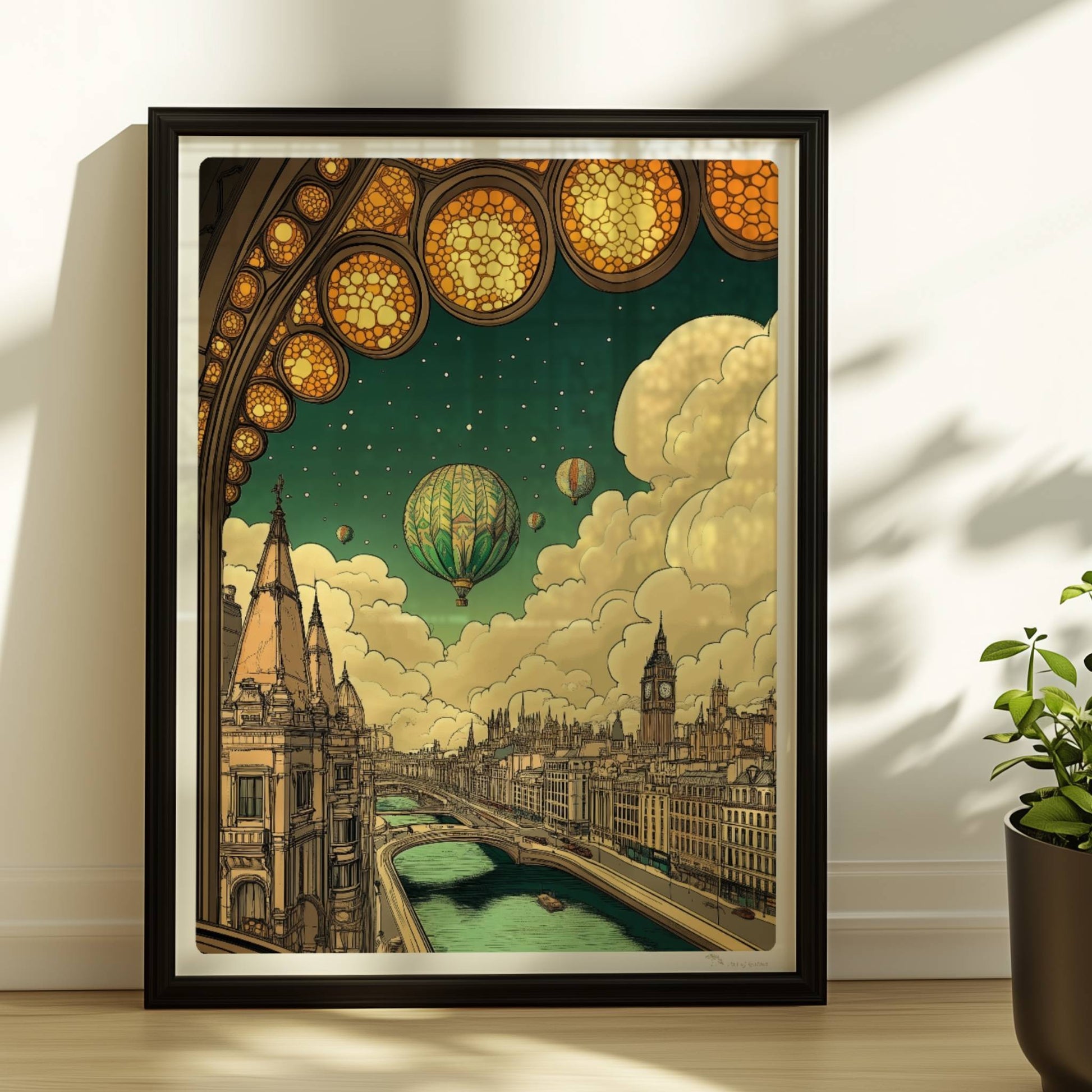 Fantastische europäische Skyline mit Fluss, Heißluftballons am Himmel und kunstvollem Bogenfenster im Vordergrund, inspiriert von klassischen Stadtansichten.. Rahmen schwarz 30x40