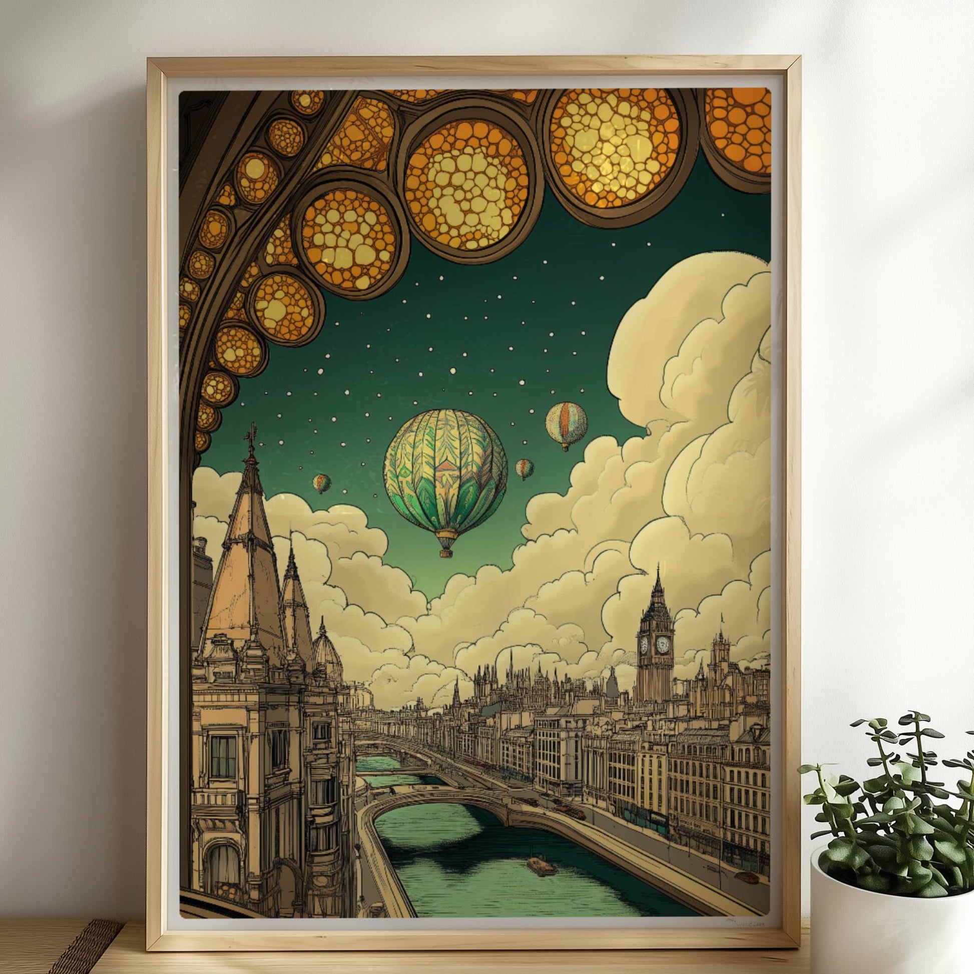 Fantastische europäische Skyline mit Fluss, Heißluftballons am Himmel und kunstvollem Bogenfenster im Vordergrund, inspiriert von klassischen Stadtansichten.. Rahmen natur 50x70