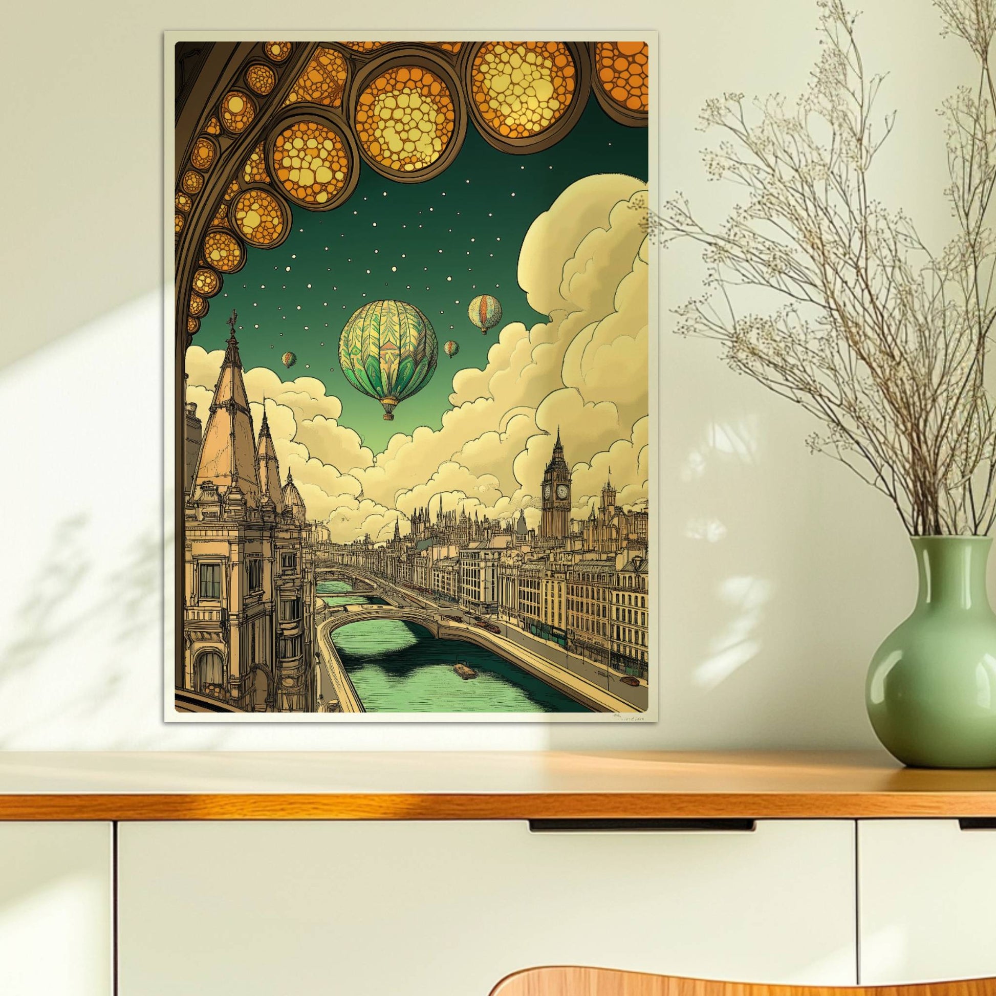 Fantastische europäische Skyline mit Fluss, Heißluftballons am Himmel und kunstvollem Bogenfenster im Vordergrund, inspiriert von klassischen Stadtansichten.. Ohne Rahmen 50x70