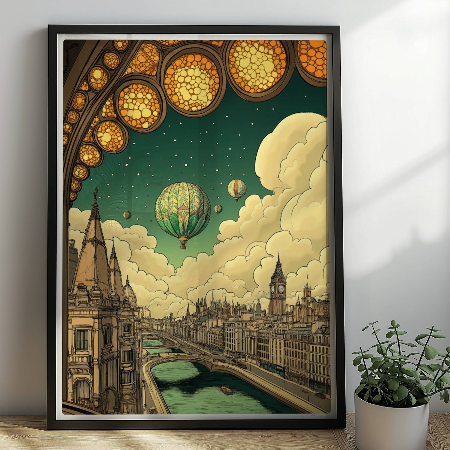 Fantastische europäische Skyline mit Fluss, Heißluftballons am Himmel und kunstvollem Bogenfenster im Vordergrund, inspiriert von klassischen Stadtansichten.. Rahmen schwarz 50x70