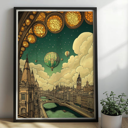 Fantastische europäische Skyline mit Fluss, Heißluftballons am Himmel und kunstvollem Bogenfenster im Vordergrund, inspiriert von klassischen Stadtansichten.. Rahmen schwarz 50x70
