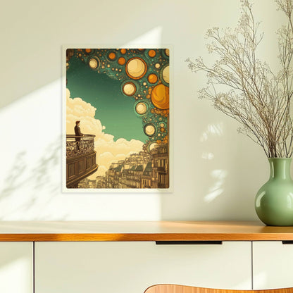 Mann auf Balkon mit Blick auf eine fantastische europäische Skyline, über ihm leuchten stilisierte goldene Blasen am Himmel – inspiriert von Stadtansichten und Traumwelten.. Ohne Rahmen 30x40