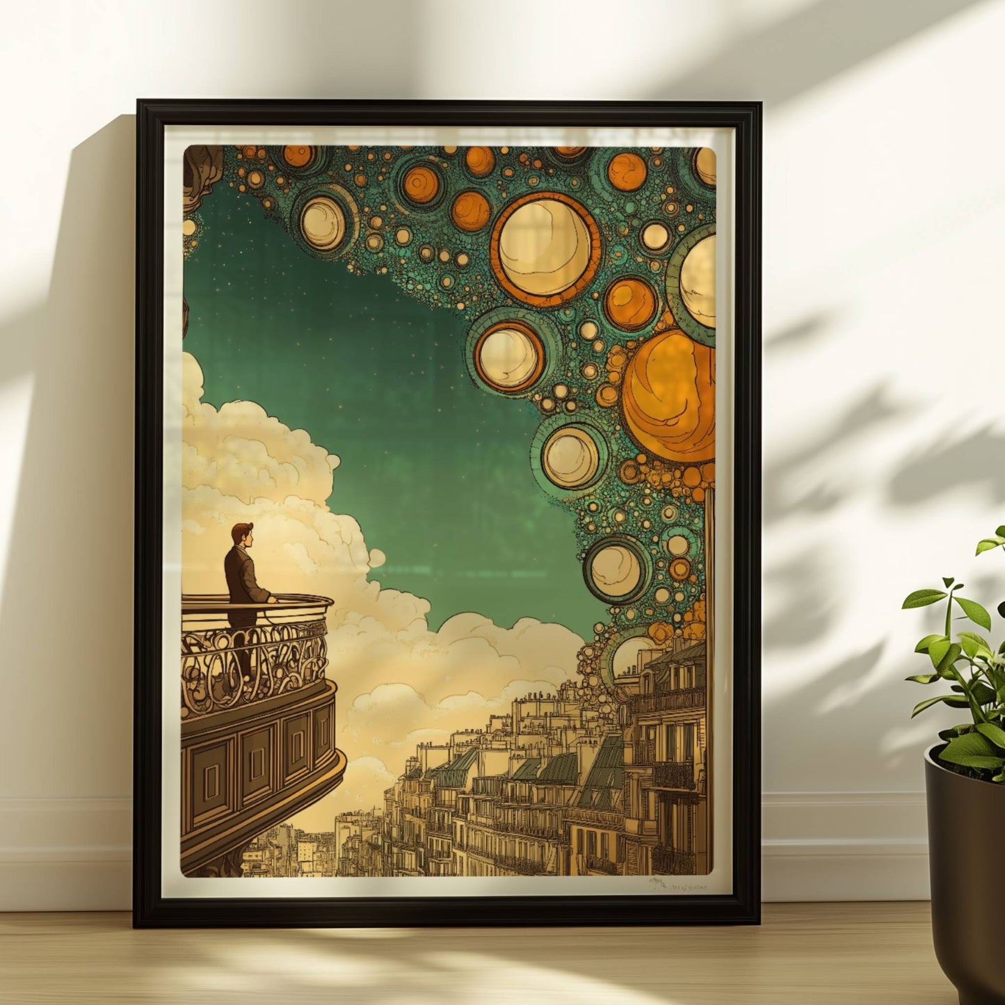 Mann auf Balkon mit Blick auf eine fantastische europäische Skyline, über ihm leuchten stilisierte goldene Blasen am Himmel – inspiriert von Stadtansichten und Traumwelten.. Rahmen schwarz 30x40