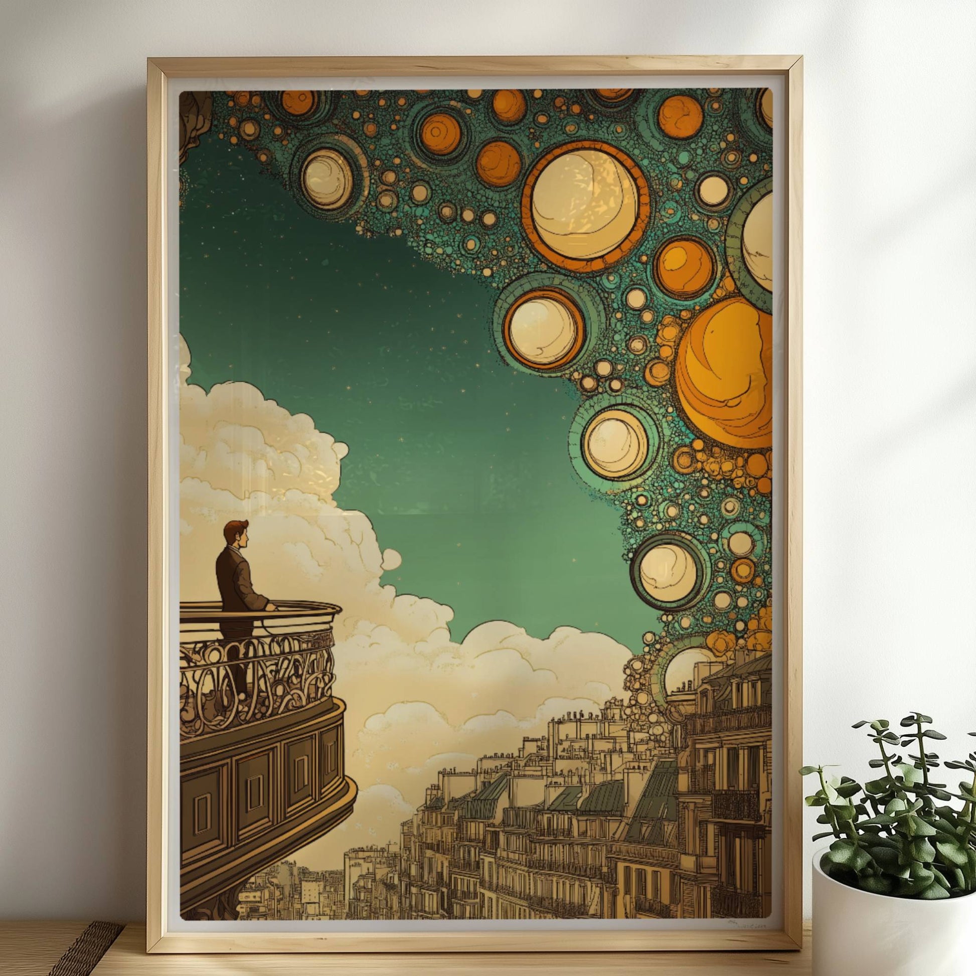 Mann auf Balkon mit Blick auf eine fantastische europäische Skyline, über ihm leuchten stilisierte goldene Blasen am Himmel – inspiriert von Stadtansichten und Traumwelten.. Rahmen natur 50x70