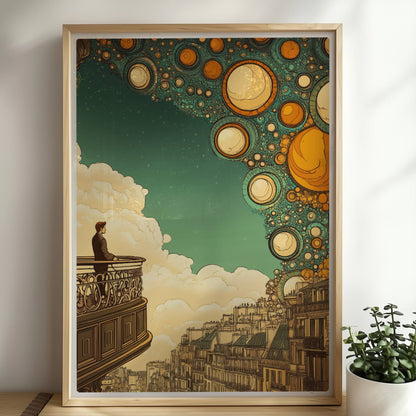 Mann auf Balkon mit Blick auf eine fantastische europäische Skyline, über ihm leuchten stilisierte goldene Blasen am Himmel – inspiriert von Stadtansichten und Traumwelten.. Rahmen natur 50x70