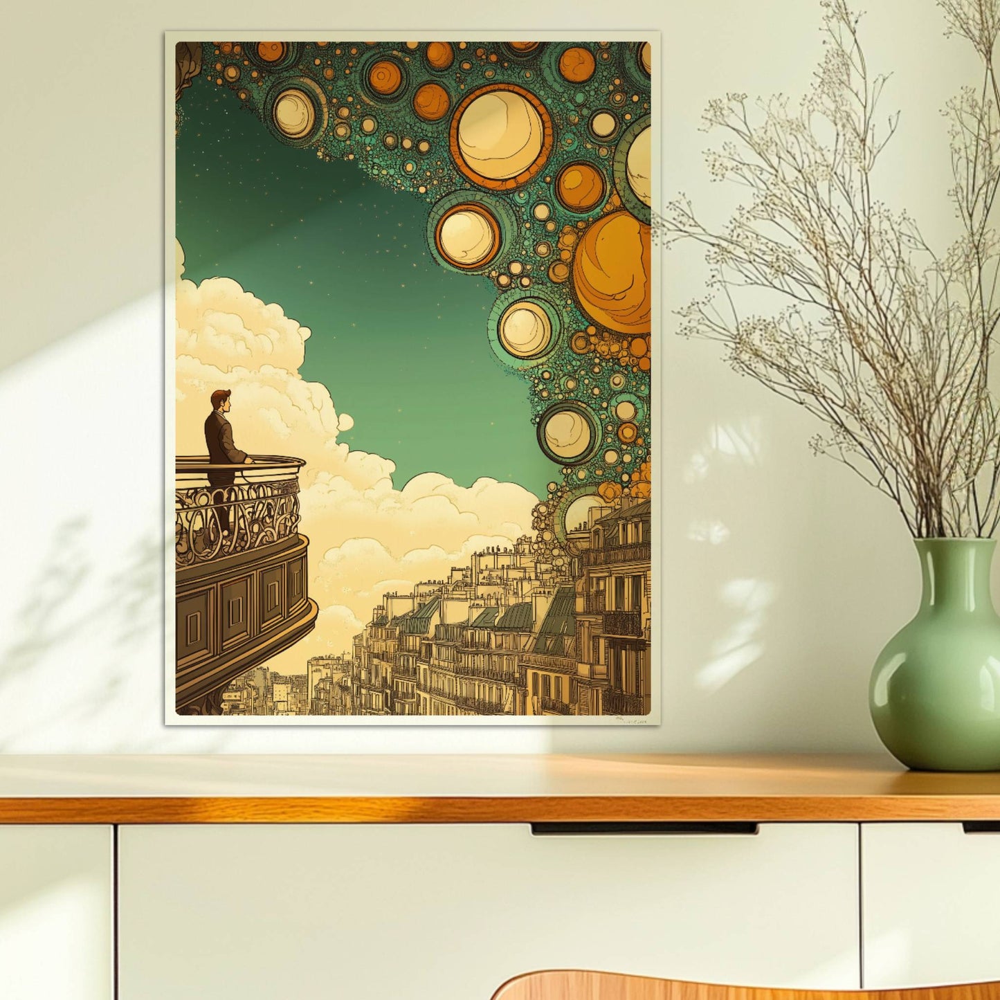 Mann auf Balkon mit Blick auf eine fantastische europäische Skyline, über ihm leuchten stilisierte goldene Blasen am Himmel – inspiriert von Stadtansichten und Traumwelten.. Ohne Rahmen 50x70