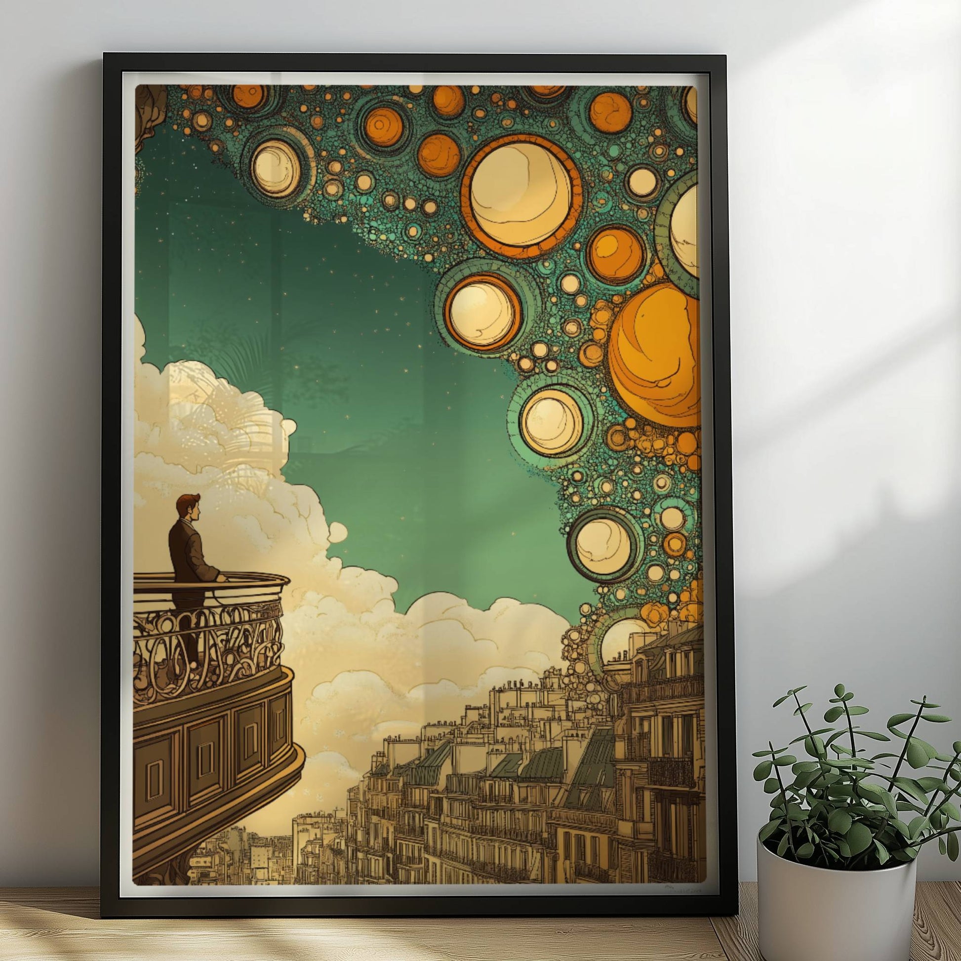 Mann auf Balkon mit Blick auf eine fantastische europäische Skyline, über ihm leuchten stilisierte goldene Blasen am Himmel – inspiriert von Stadtansichten und Traumwelten.. Rahmen schwarz 50x70