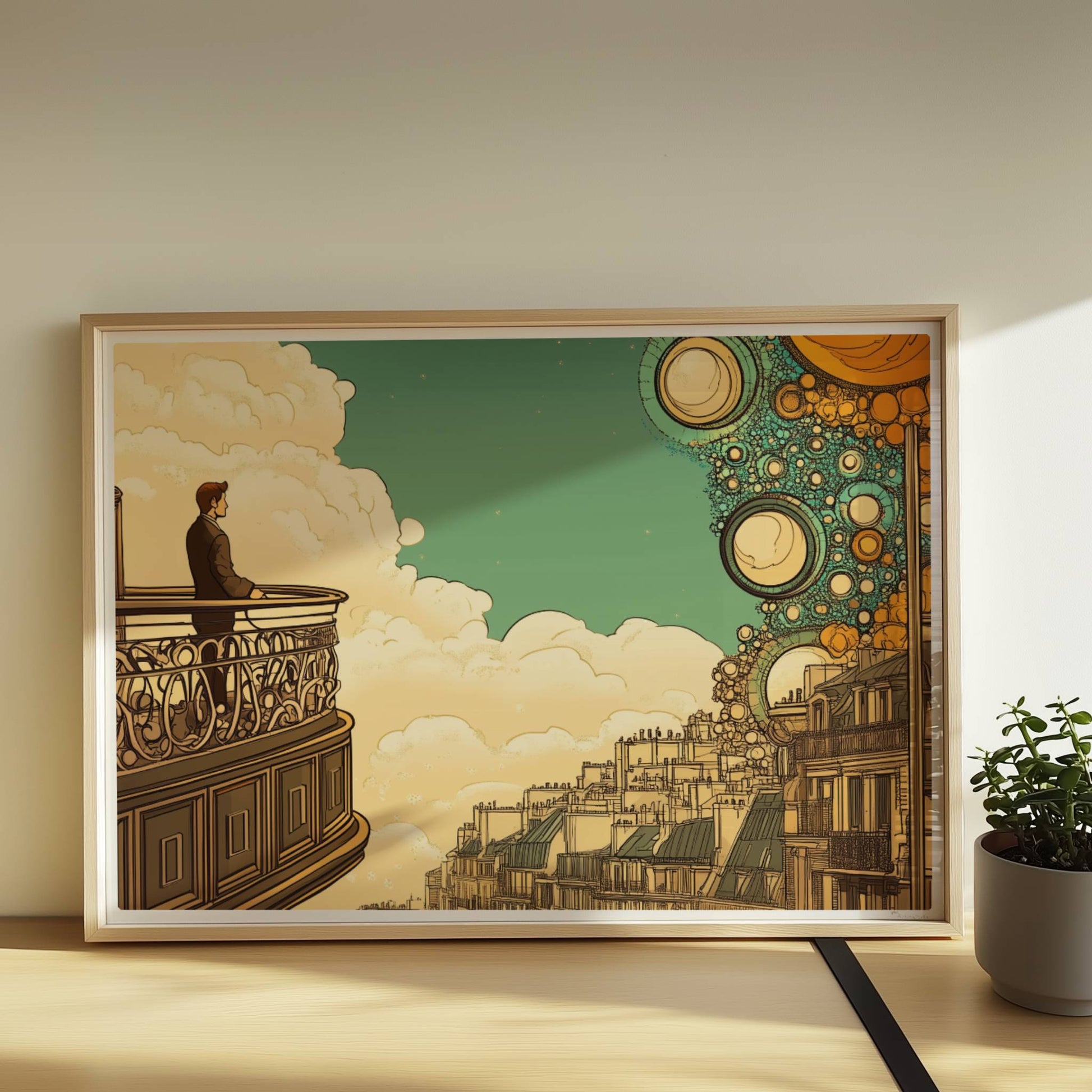 Mann auf Balkon mit Blick auf eine fantastische europäische Skyline, über ihm leuchten stilisierte goldene Blasen am Himmel – inspiriert von Stadtansichten und Traumwelten.. Rahmen natur 70x50