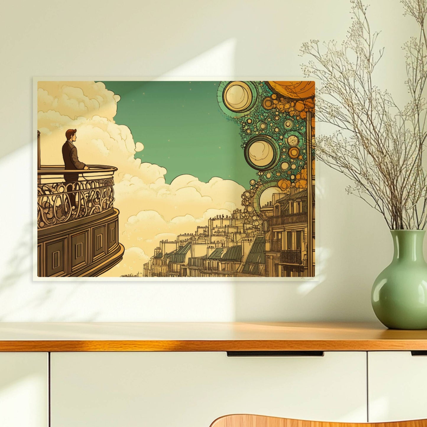 Mann auf Balkon mit Blick auf eine fantastische europäische Skyline, über ihm leuchten stilisierte goldene Blasen am Himmel – inspiriert von Stadtansichten und Traumwelten.. Ohne Rahmen 70x50