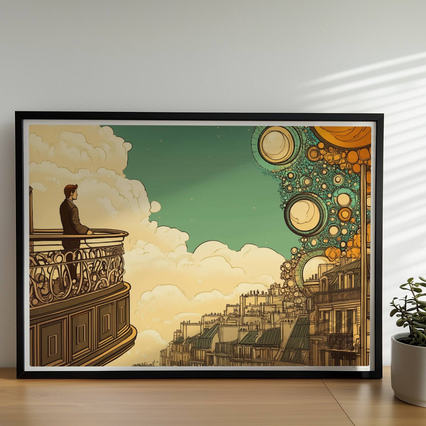 Mann auf Balkon mit Blick auf eine fantastische europäische Skyline, über ihm leuchten stilisierte goldene Blasen am Himmel – inspiriert von Stadtansichten und Traumwelten.. Rahmen schwarz 70x50