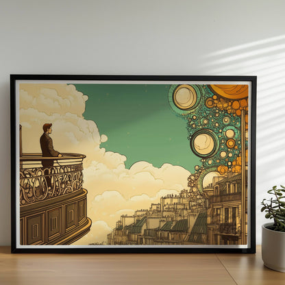Mann auf Balkon mit Blick auf eine fantastische europäische Skyline, über ihm leuchten stilisierte goldene Blasen am Himmel – inspiriert von Stadtansichten und Traumwelten.. Rahmen schwarz 70x50