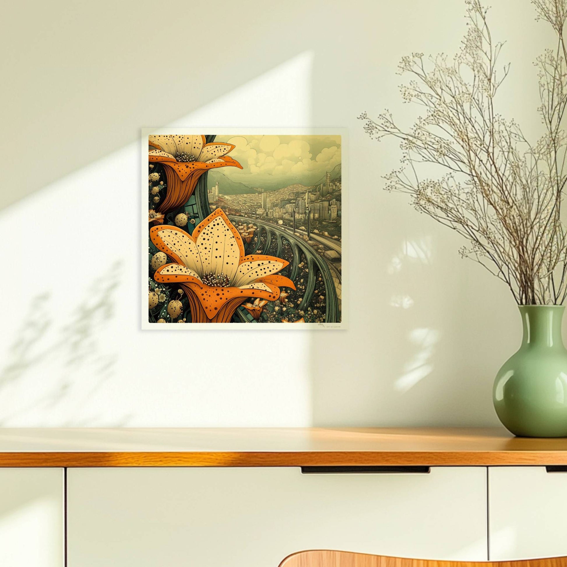 Große orange-gelbe Lilienblüten im Vordergrund, dahinter eine fantasievolle europäische Skyline mit geschwungenen Brücken und modernen Hochhäusern, im Stil eines Tagtraums.. Ohne Rahmen 30x30