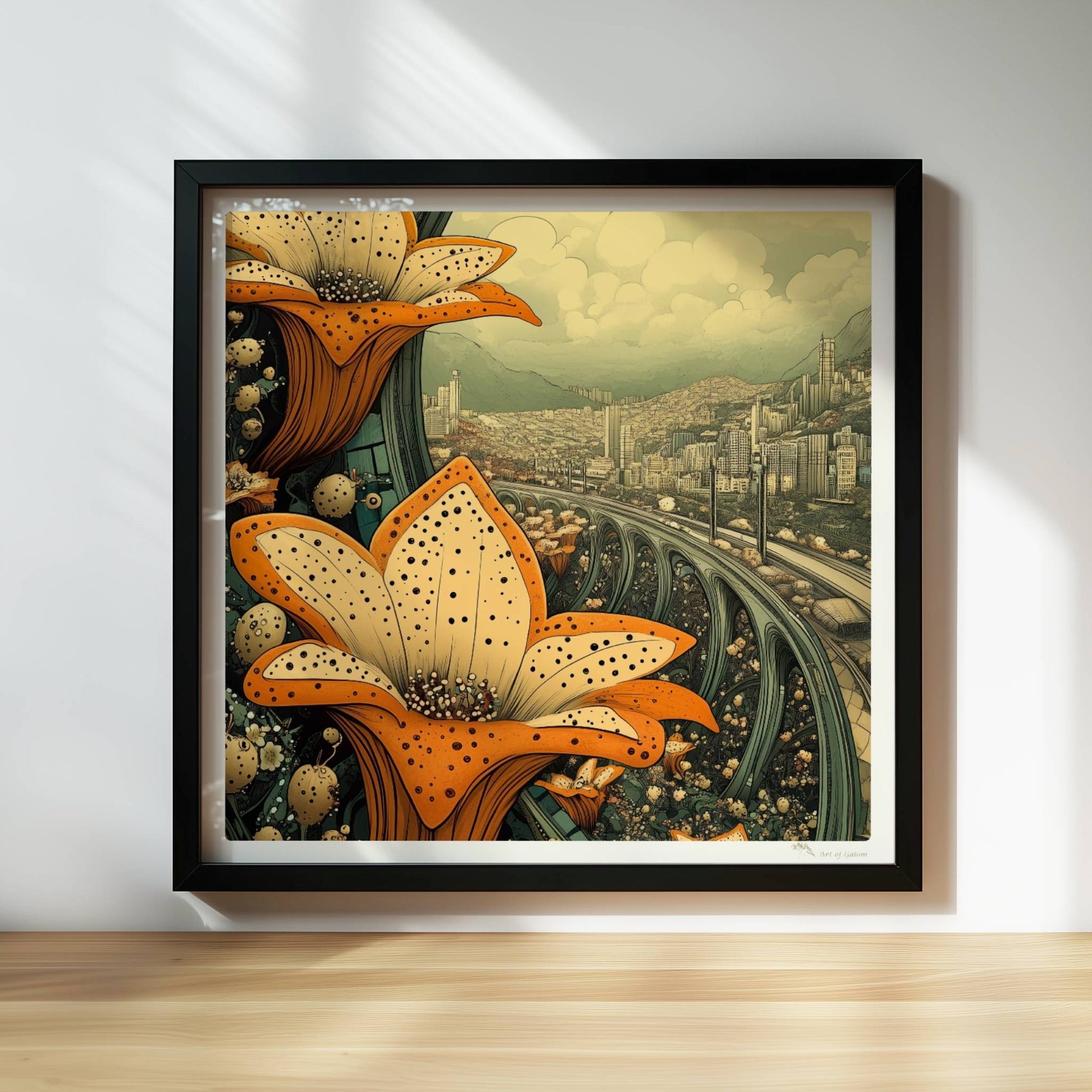 Große orange-gelbe Lilienblüten im Vordergrund, dahinter eine fantasievolle europäische Skyline mit geschwungenen Brücken und modernen Hochhäusern, im Stil eines Tagtraums.. Rahmen schwarz 30x30
