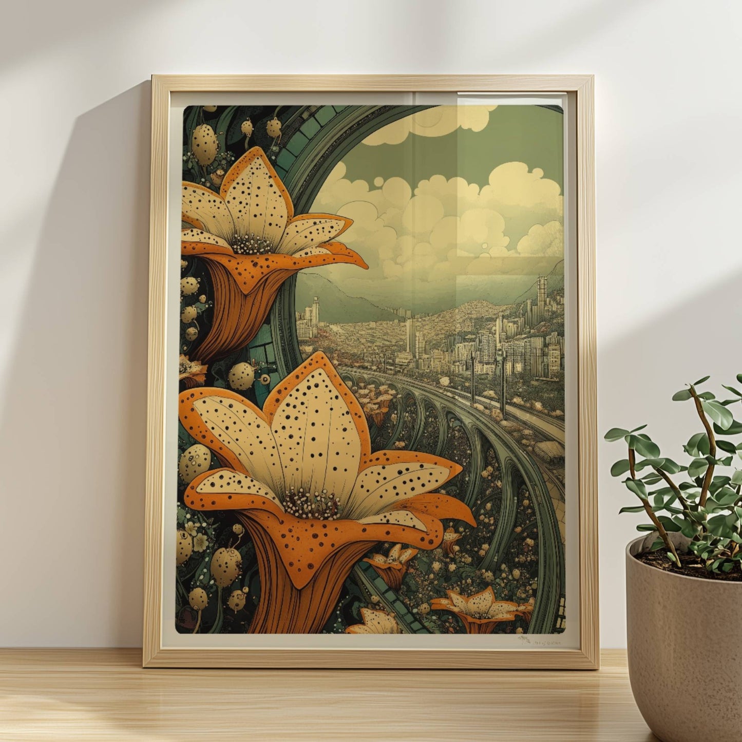 Große orange-gelbe Lilienblüten im Vordergrund, dahinter eine fantasievolle europäische Skyline mit geschwungenen Brücken und modernen Hochhäusern, im Stil eines Tagtraums.. Rahmen natur 30x40