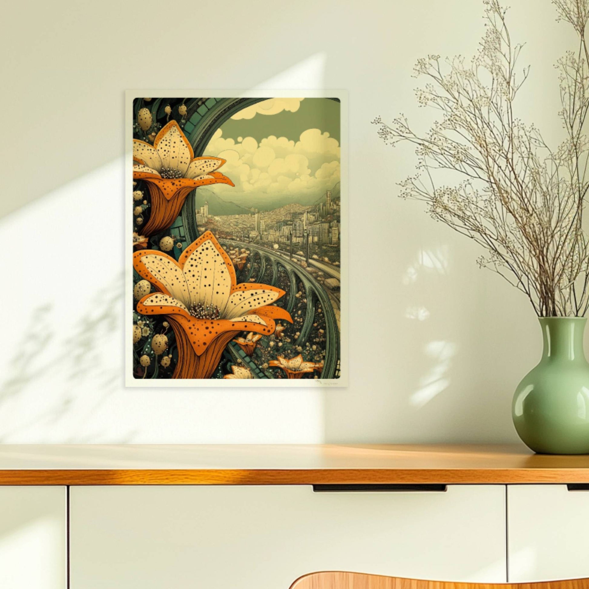Große orange-gelbe Lilienblüten im Vordergrund, dahinter eine fantasievolle europäische Skyline mit geschwungenen Brücken und modernen Hochhäusern, im Stil eines Tagtraums.. Ohne Rahmen 30x40