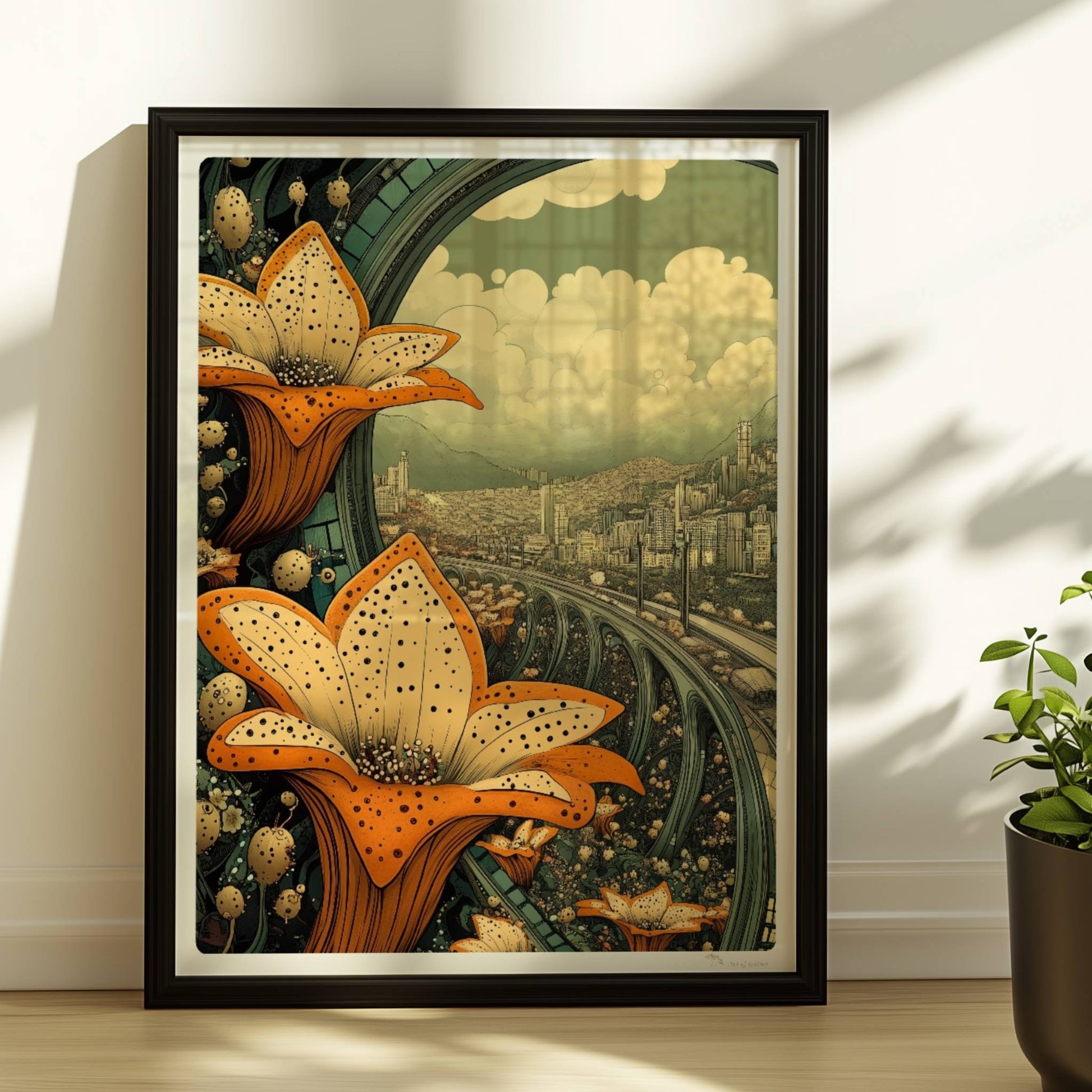 Große orange-gelbe Lilienblüten im Vordergrund, dahinter eine fantasievolle europäische Skyline mit geschwungenen Brücken und modernen Hochhäusern, im Stil eines Tagtraums.. Rahmen schwarz 30x40