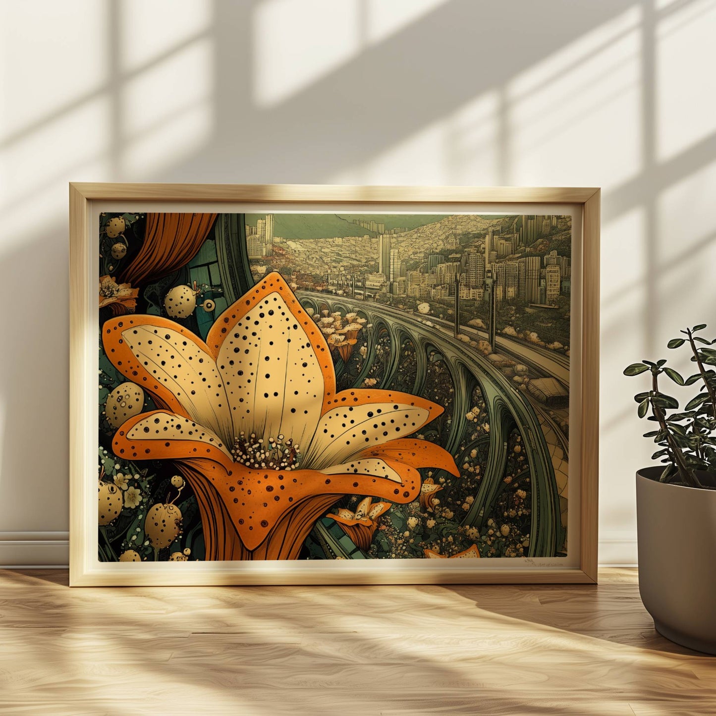 Große orange-gelbe Lilienblüten im Vordergrund, dahinter eine fantasievolle europäische Skyline mit geschwungenen Brücken und modernen Hochhäusern, im Stil eines Tagtraums.. Rahmen natur 40x30