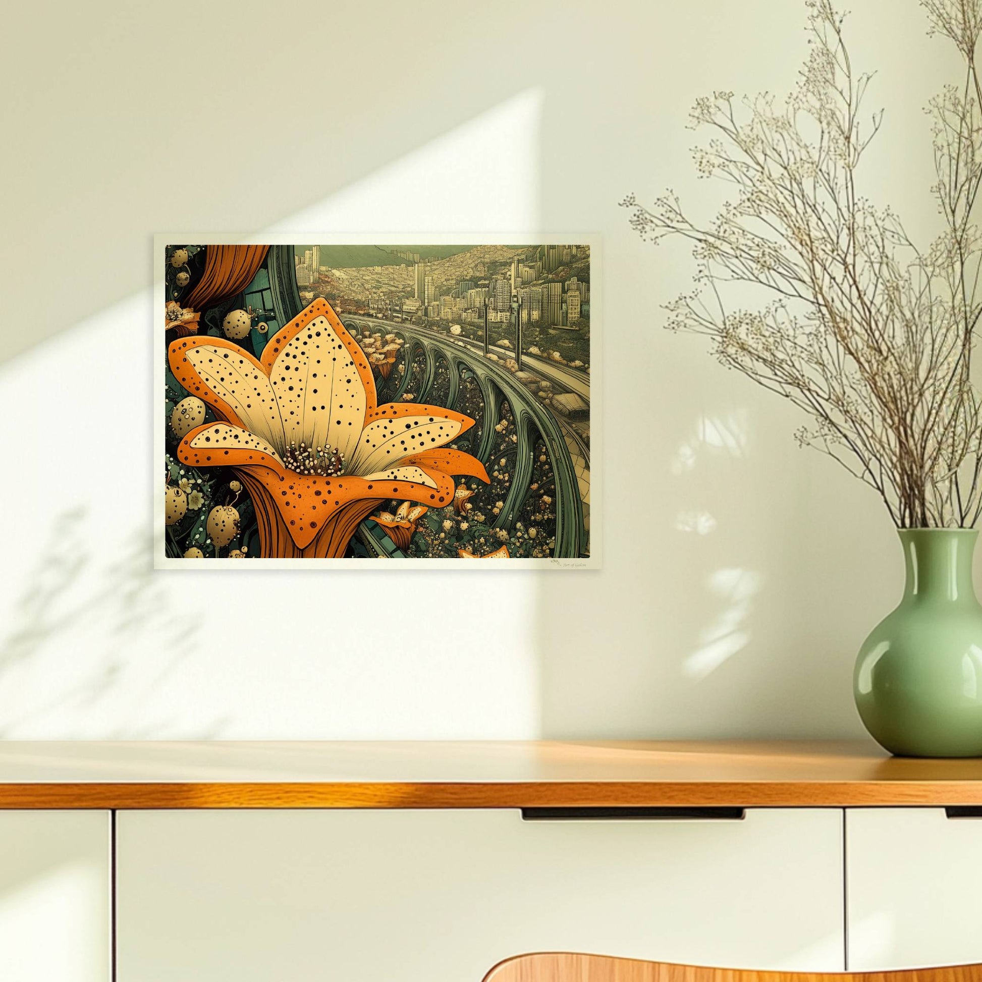 Große orange-gelbe Lilienblüten im Vordergrund, dahinter eine fantasievolle europäische Skyline mit geschwungenen Brücken und modernen Hochhäusern, im Stil eines Tagtraums.. Ohne Rahmen 40x30