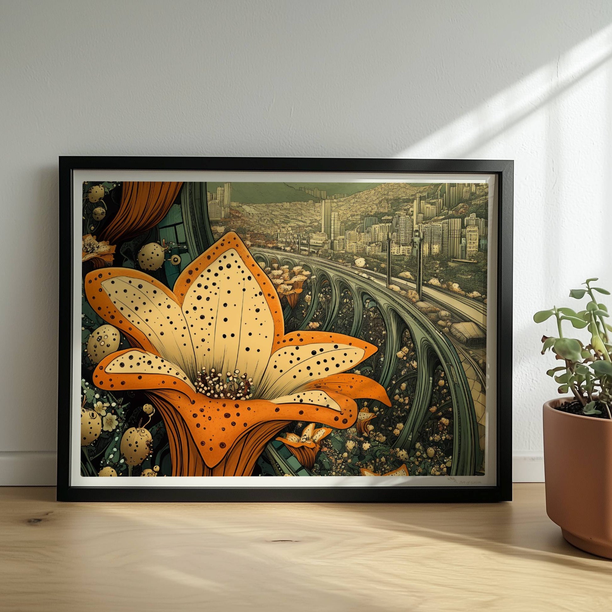 Große orange-gelbe Lilienblüten im Vordergrund, dahinter eine fantasievolle europäische Skyline mit geschwungenen Brücken und modernen Hochhäusern, im Stil eines Tagtraums.. Rahmen schwarz 40x30