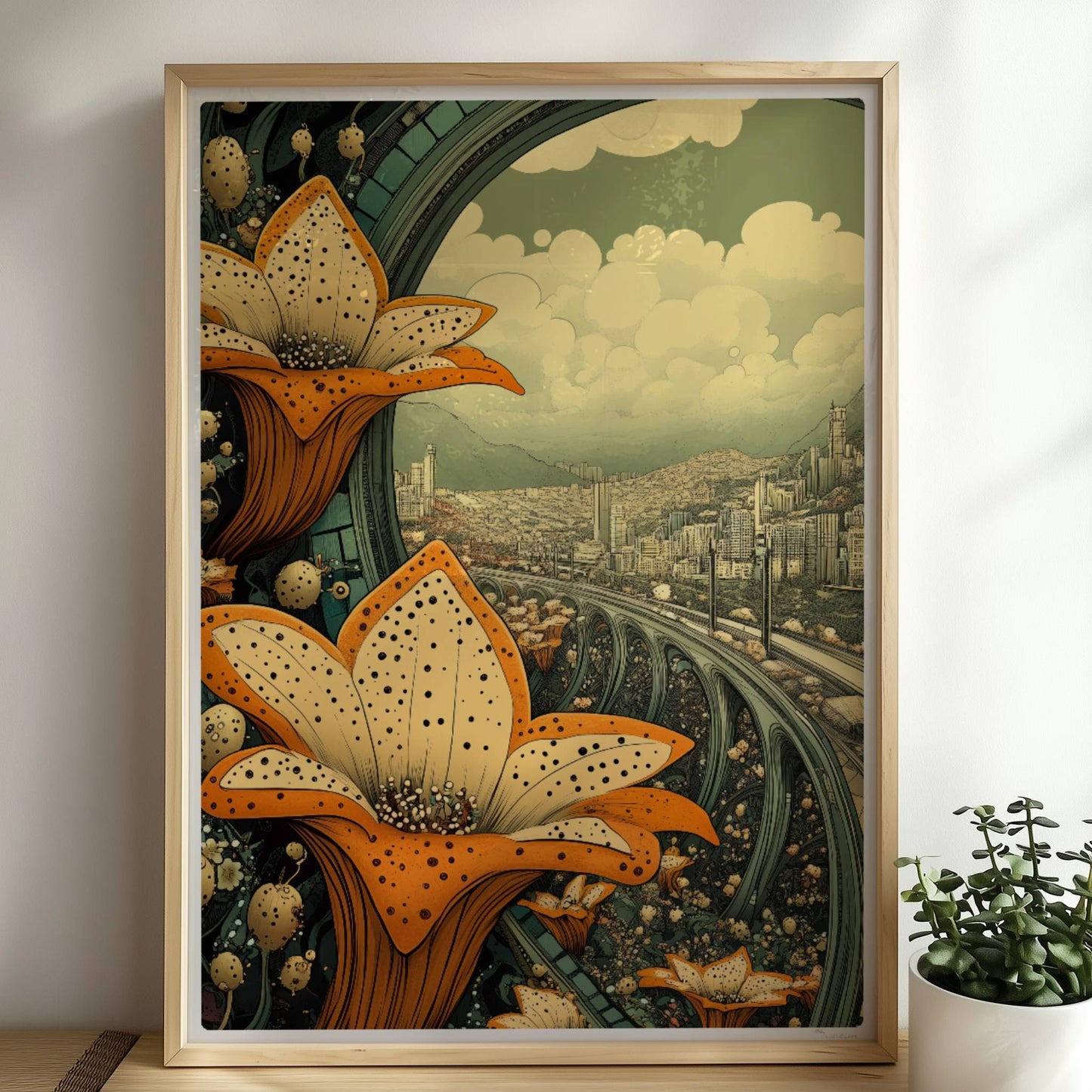 Große orange-gelbe Lilienblüten im Vordergrund, dahinter eine fantasievolle europäische Skyline mit geschwungenen Brücken und modernen Hochhäusern, im Stil eines Tagtraums.. Rahmen natur 50x70